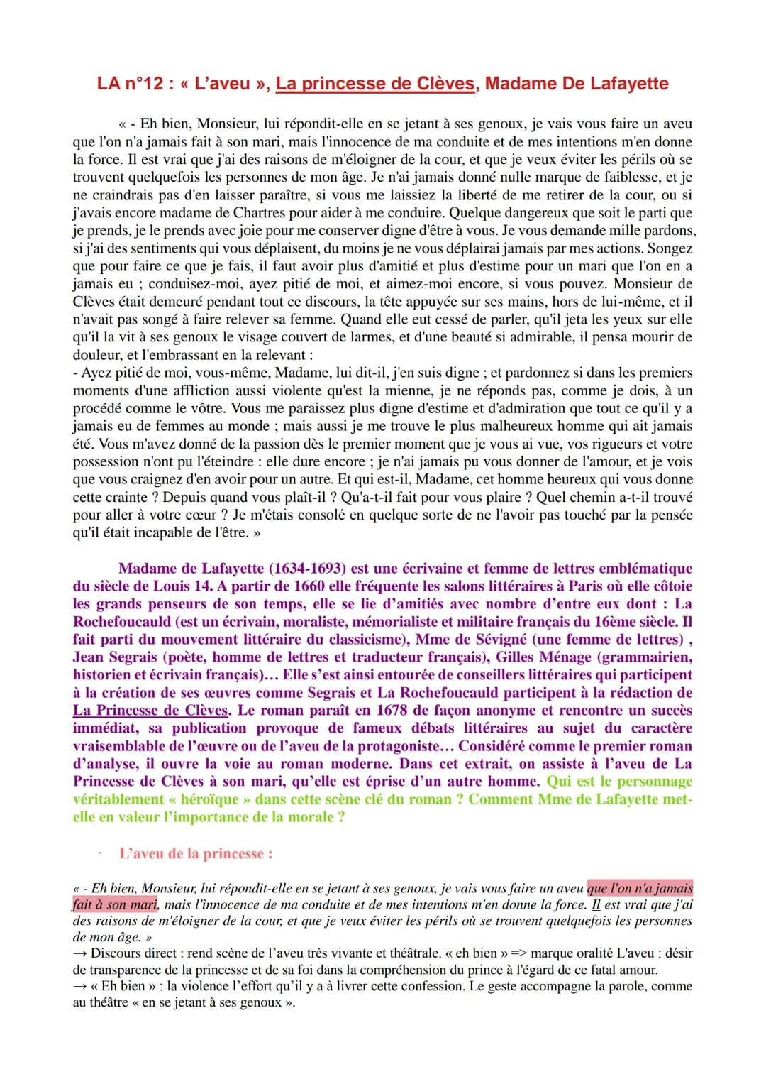 LA n°12: << L'aveu », La princesse de Clèves, Madame De Lafayette
<< - Eh bien, Monsieur, lui répondit-elle en se jetant à ses genoux, je va