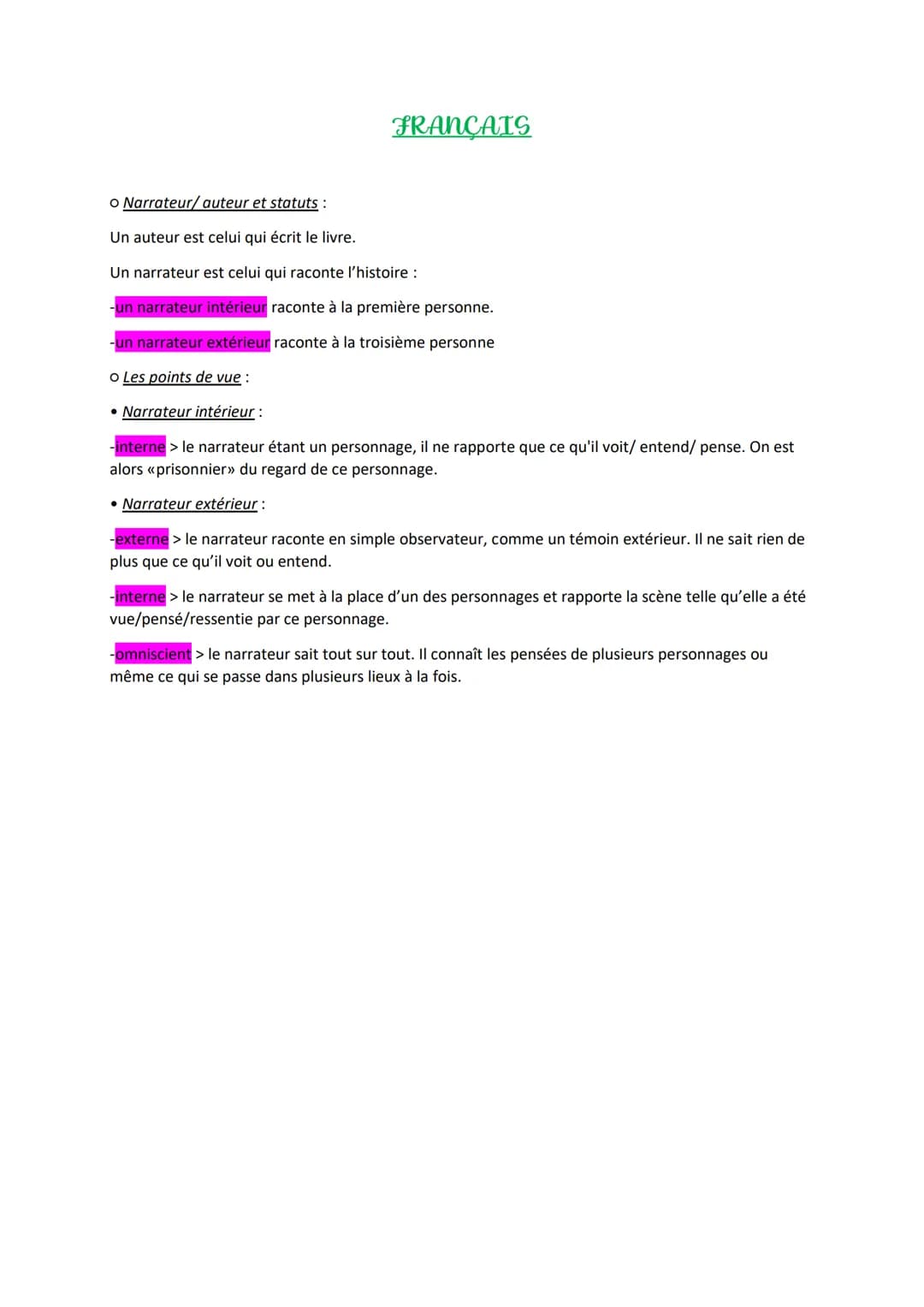 FRANÇAIS
o Narrateur/auteur et statuts :
Un auteur est celui qui écrit le livre.
Un narrateur est celui qui raconte l'histoire :
-un narrate
