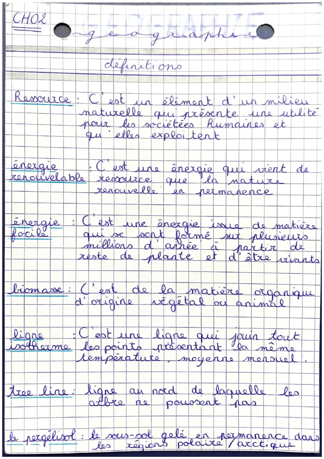 CHO2
g
energie
focile
e
definitions
Ressource: C'est un élément d'un milieu
naturelle qui présente une utilité
pour les sociétées humaines e