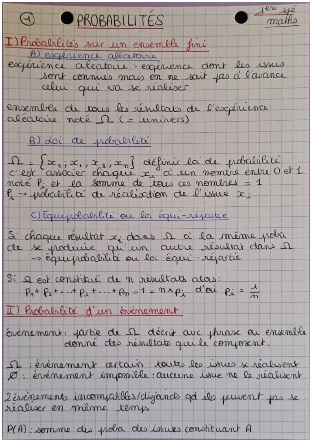 PROBABILITÉS
I) Probabilités sur un ensemble fini
A) expérience aléatoire
expérience aleatoire
лече зре
maths
expérience dont les issus
sont