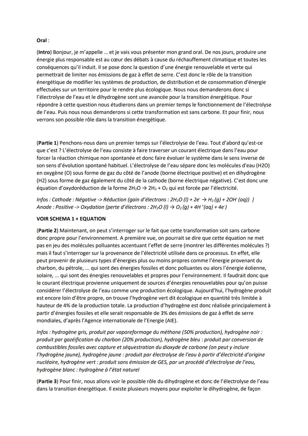 Le dihydrogène obtenu par l'électrolyse de l'eau, une avancée pour
la transition énergétique ?
Documents jury :
Schéma :
0
Anode
Eau
H₂0
Que