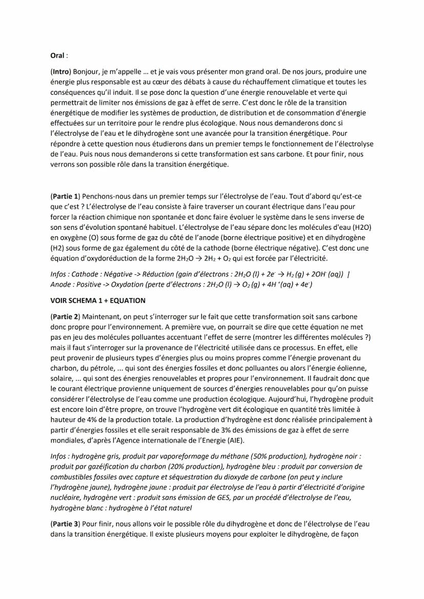 Le dihydrogène obtenu par l'électrolyse de l'eau, une avancée pour
la transition énergétique ?
Documents jury :
Schéma :
0
Anode
Eau
H₂0
Que