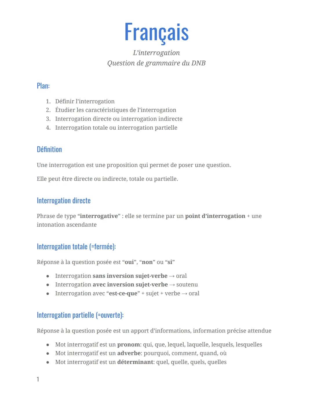 Plan:
Français
L'interrogation
Question de grammaire du DNB
1. Définir l'interrogation
2. Étudier les caractéristiques de l'interrogation
3.