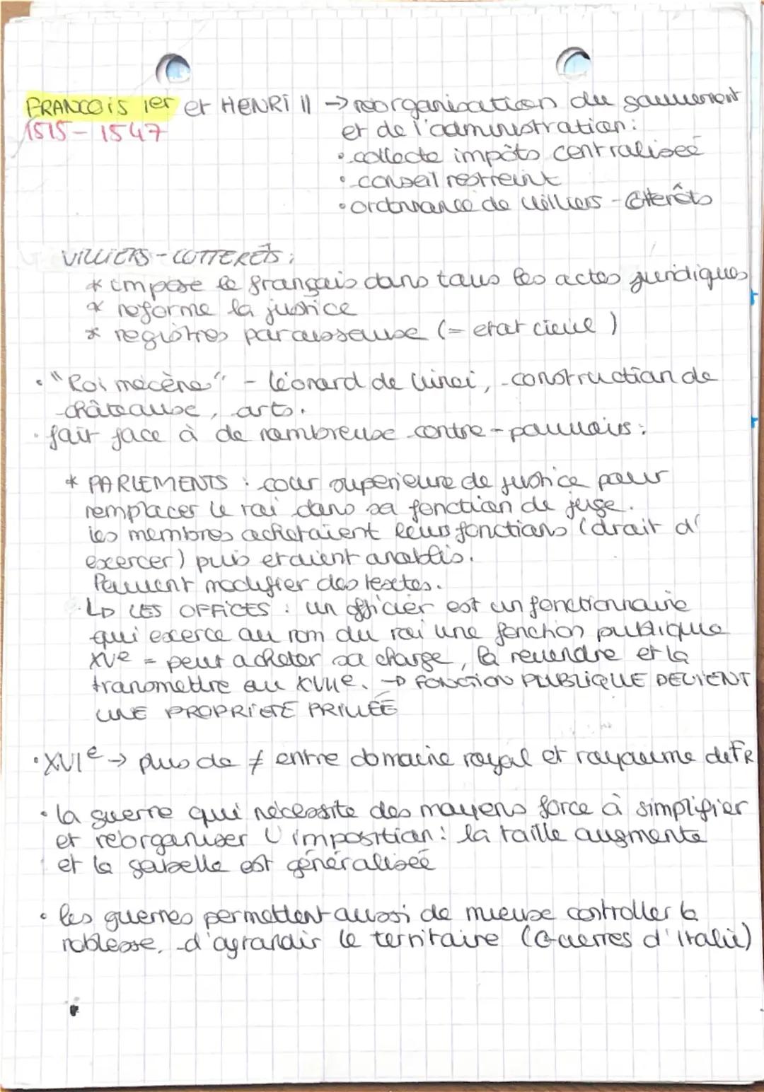 # HISTOIRE: AFFIRMATION DE
L'ETAT DANS LE ROYAUME DE
FRANCE

FRANCOIS ler
1515-1547

↓

ORDONNANCE DE
VILLIERSCOTTERETS
1539

HENRI 11+ CATH