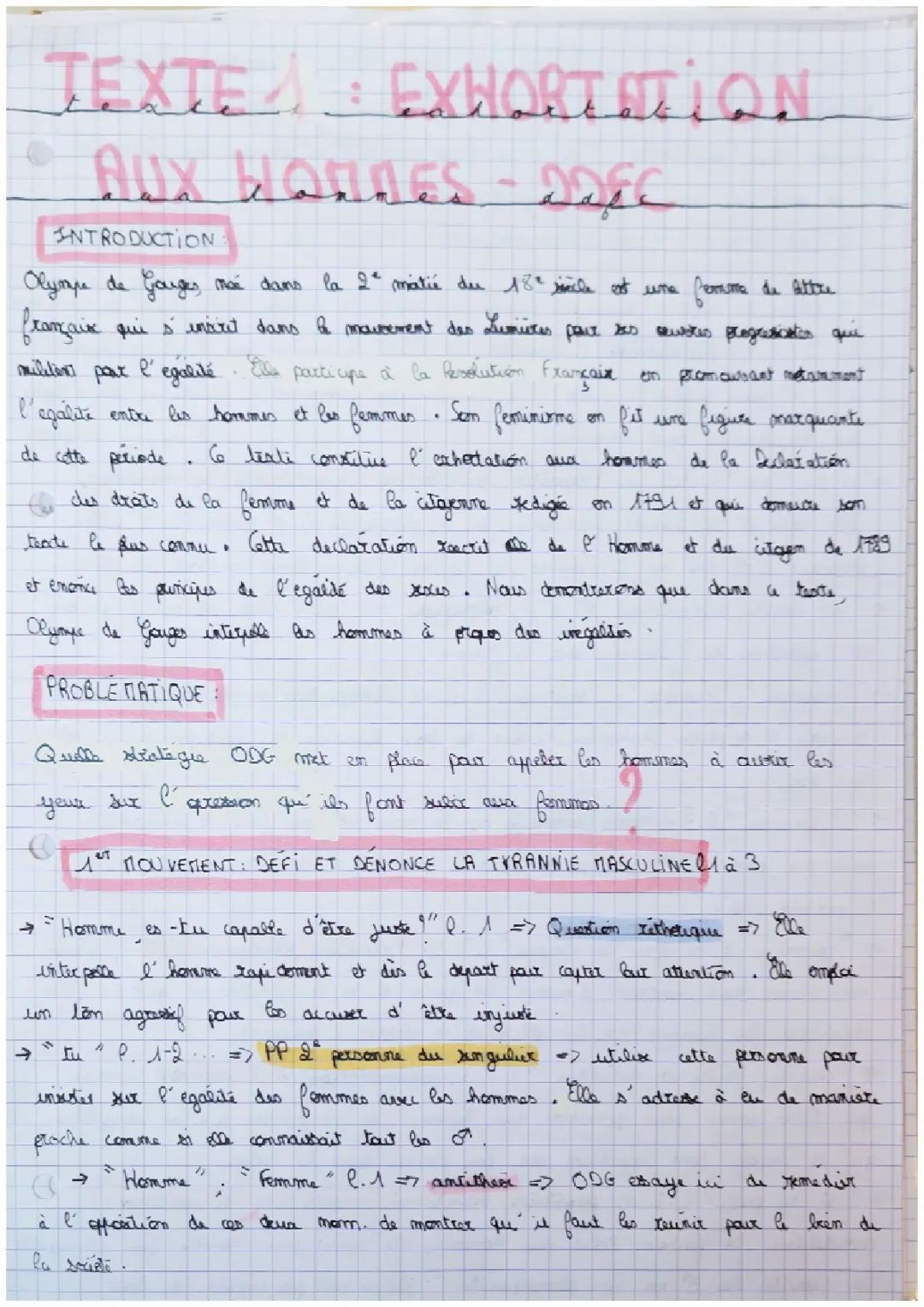 Préambule et Postambule Olympe de Gouges analyse linéaire PDF - Adresse aux hommes et Droits de la femme