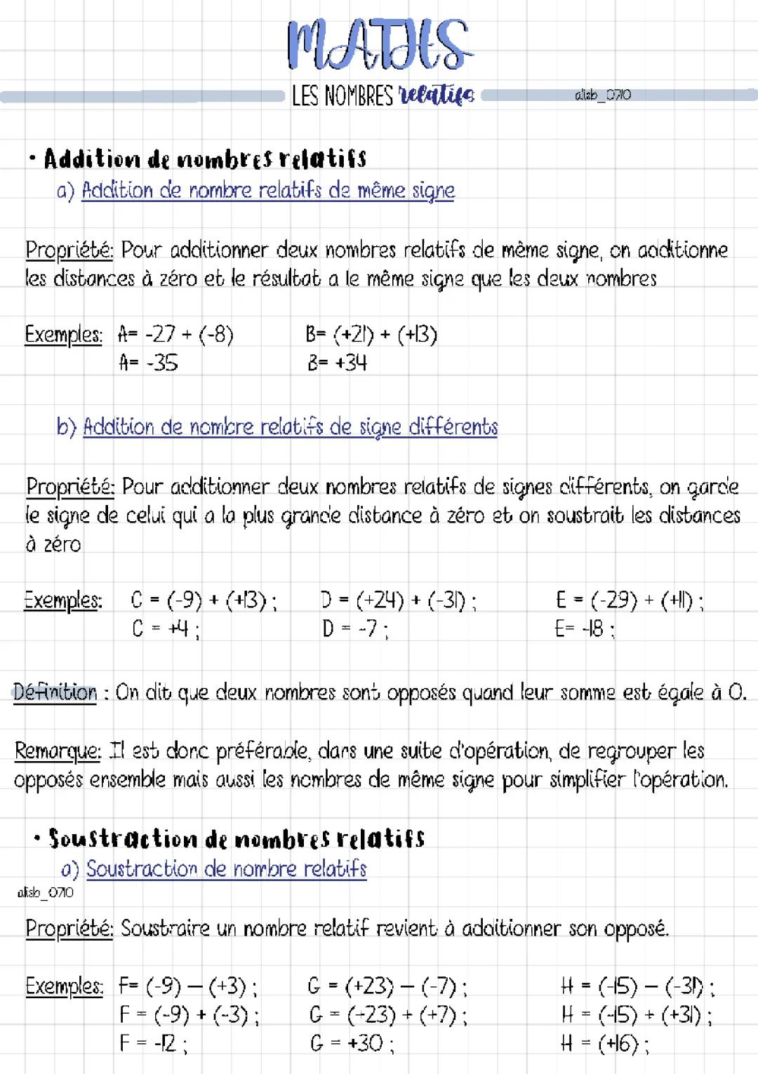 Exercices PDF Addition et Soustraction des Nombres Relatifs 5ème et 4ème