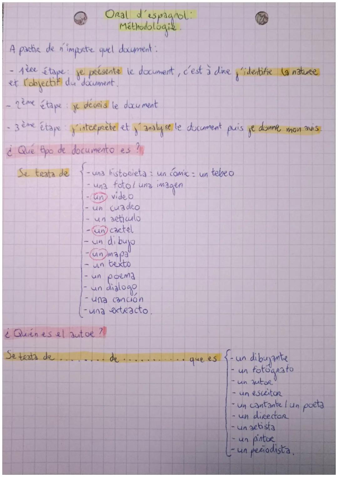 Oral d'espagnol:
Méthodologie.

A partie de n'impetre quel document.
- jère étape: je présente
le document, c'est à dive j'identifie la natu