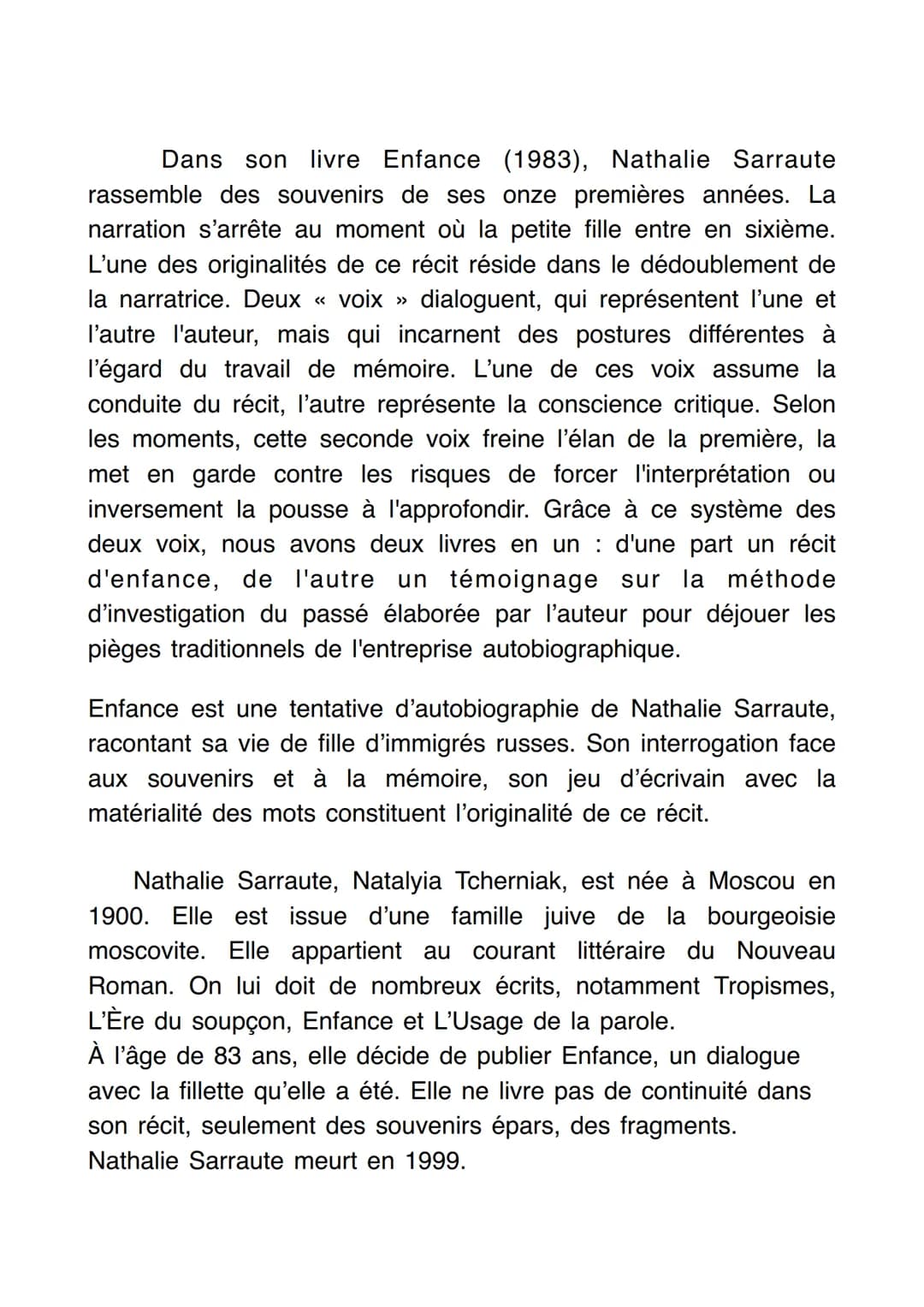 ENFANCE DE NATHALIE SARRAUTE
Oral de français
@paolably Dans son livre Enfance (1983), Nathalie Sarraute
rassemble des souvenirs de ses onze