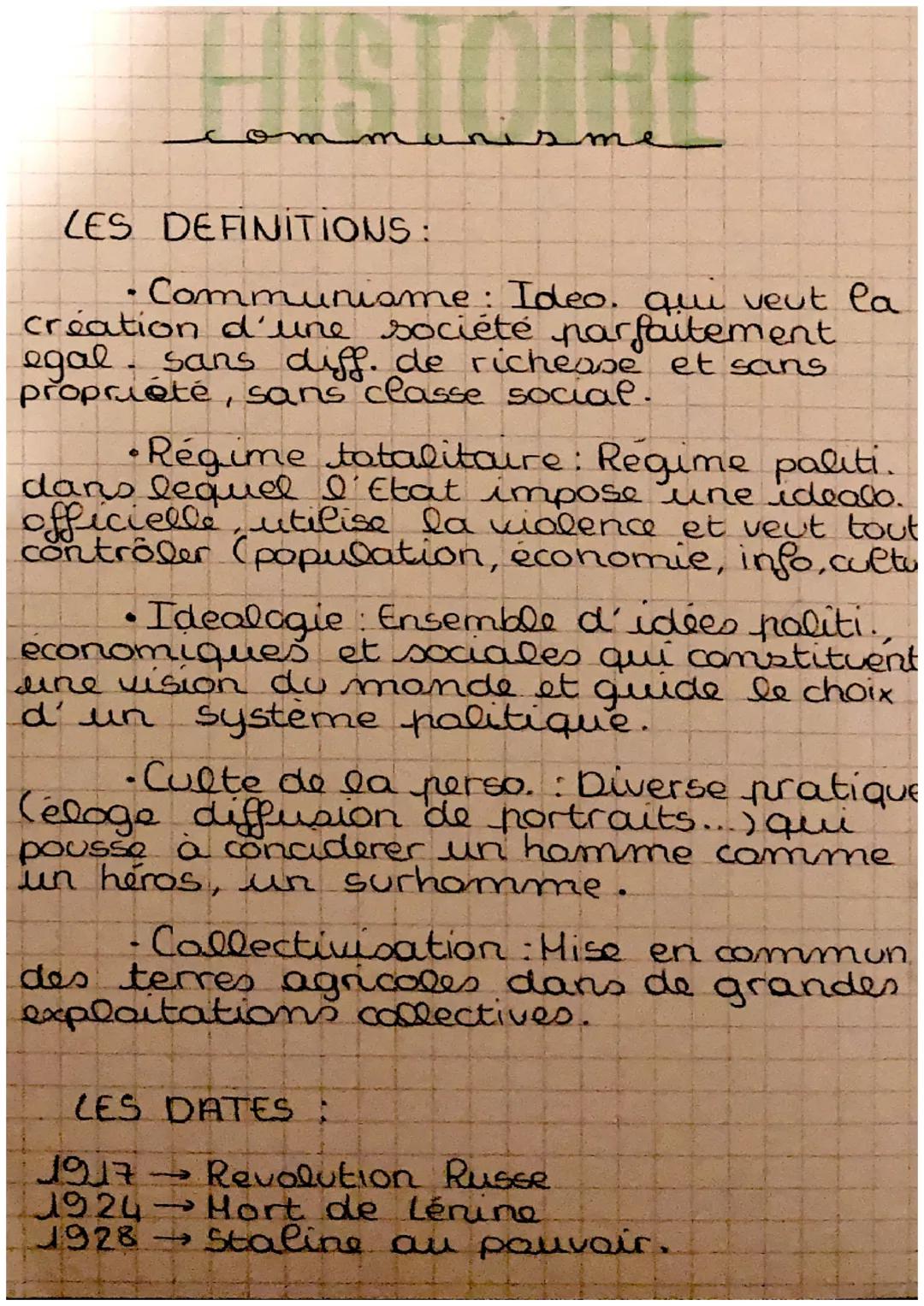 # HISTOIRE

communisme

LES DEFINITIONS:

• Communiame : Ideo. qui veut la
création d'une société parfaitement
egal sans diff. de richease e