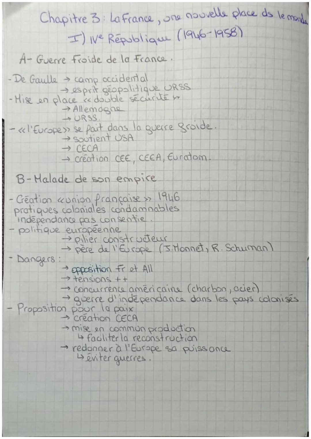# Chapitre 3: La france, une nouvelle place ds le monde

I) Ive République (1946-1958)

A- Guerre Froide de la France.

-De Gaulle camp occi