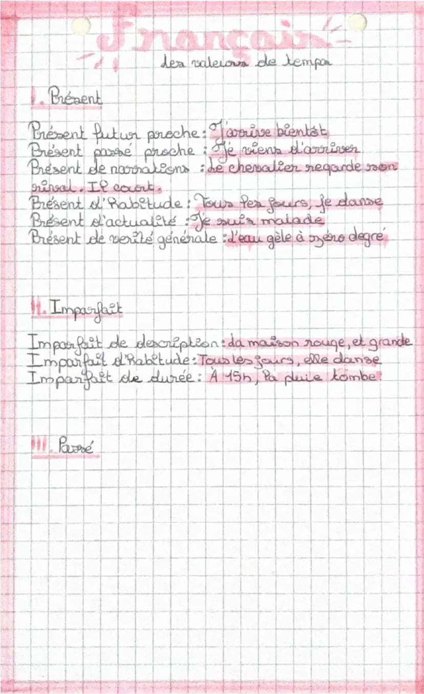 ## Français

des temps de l'indicatif

4 temps simples		4 temps composés
Présent = Je mange		Passé composé = J'ai mangé
Imparfait = Je mange