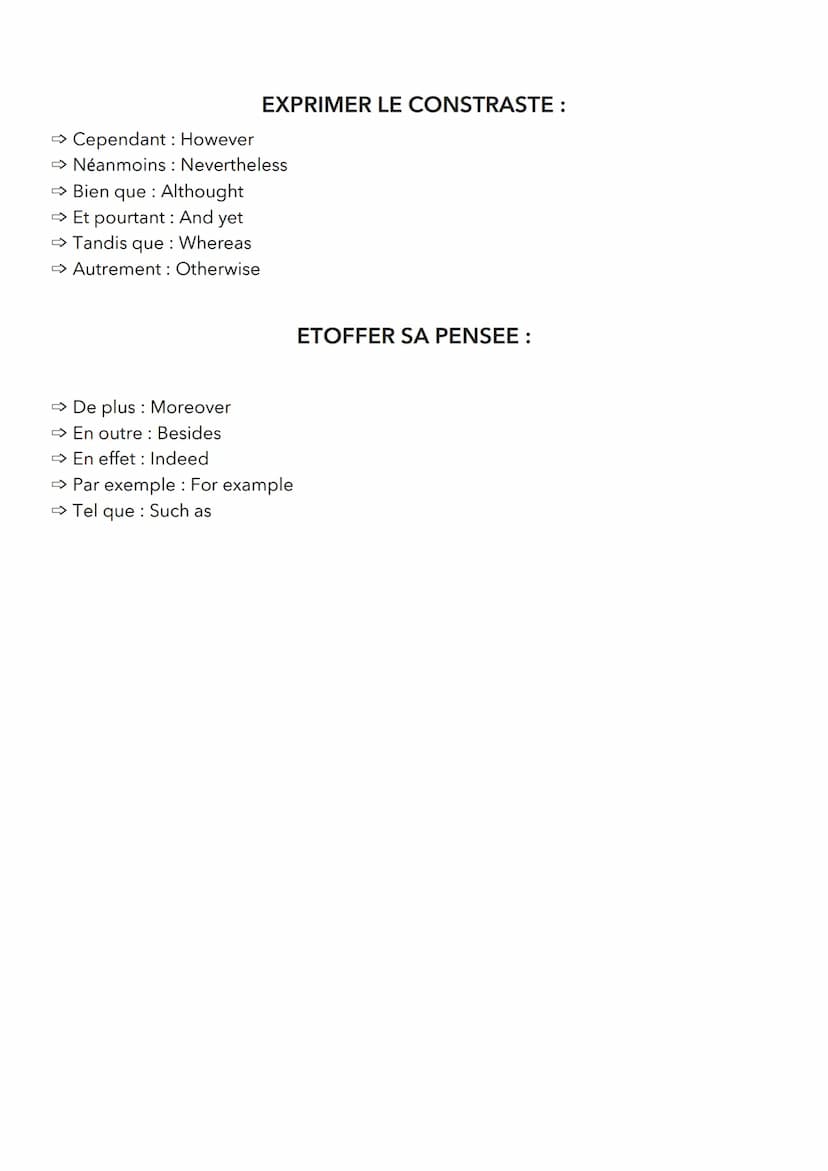 LES MOTS DE LIAISONS EN
ANGLAIS
POUR QUE TON EXPRESSION SOIT CLAIR, IL FAUT PRECISER LES
ETAPES :
Pour commencer : To begin
→ (Tout) d'abord