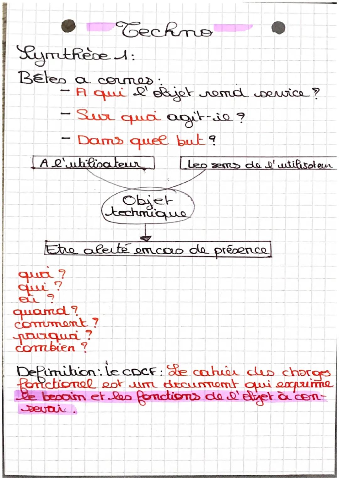 Lymthèse 1:
Betes a cormes
1
Techno
A qui l'objet rend service?
- Sur qua agit-il ?
- Dams quel but ?
[ A l'utilisateur
qua?
qui ?
eu ?
quan