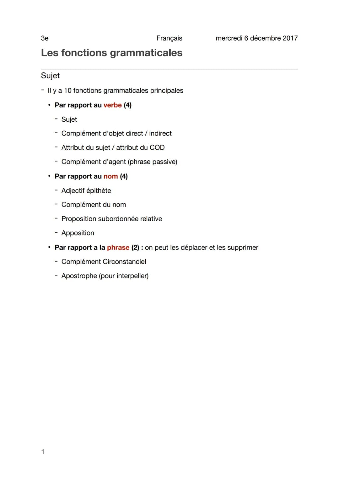 3e
Les fonctions grammaticales
Sujet
Il y a 10 fonctions grammaticales principales
• Par rapport au verbe (4)
Sujet
- Complément d'objet dir