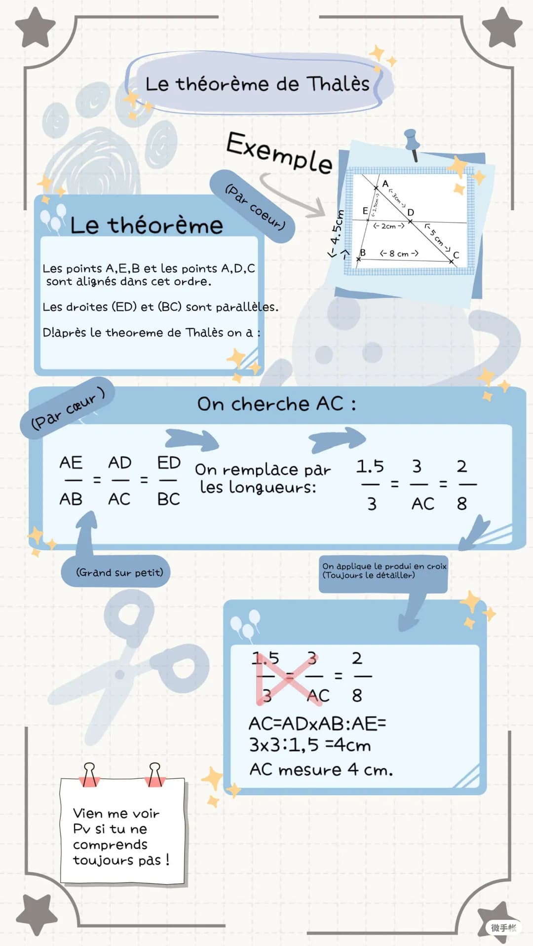 (Par cœur)
Le théorème de Thalès
AE
Le théorème
Les points A,E,B et les points A,D,C
sont alignés dans cet ordre.
Les droites (ED) et (BC) s