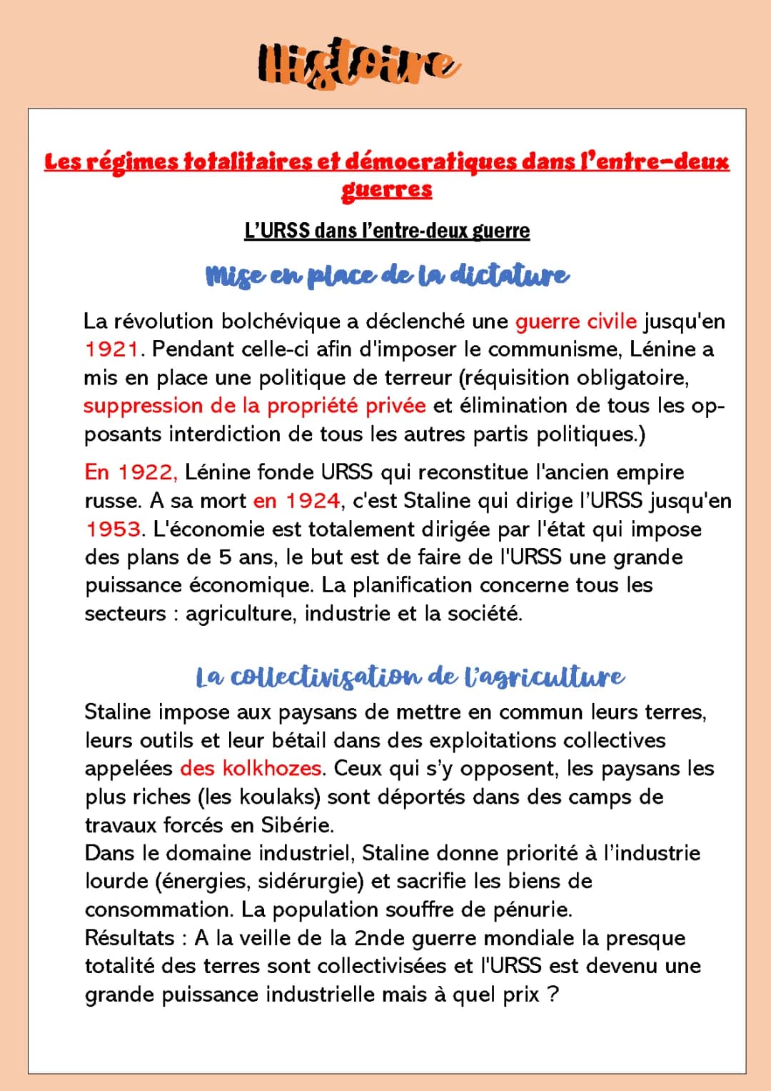 regimes totalitaires dans l'entre deux-guerres