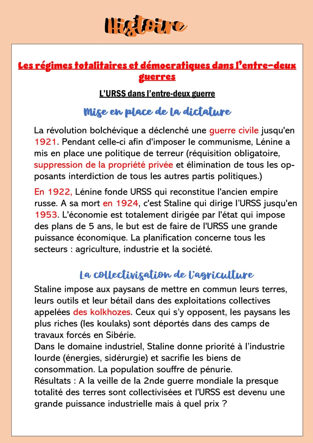 Les régimes totalitaires et démocratiques dans l'entre-deux
guerres
L'URSS dans l'entre-deux guerre
Mise en place de la dictature
La révolut