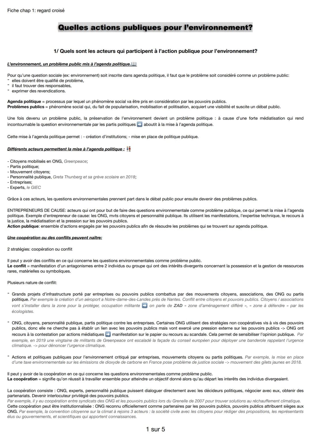 Fiche chap 1: regard croisé
Quelles actions publiques pour l'environnement?
1/ Quels sont les acteurs qui participent à l'action publique po