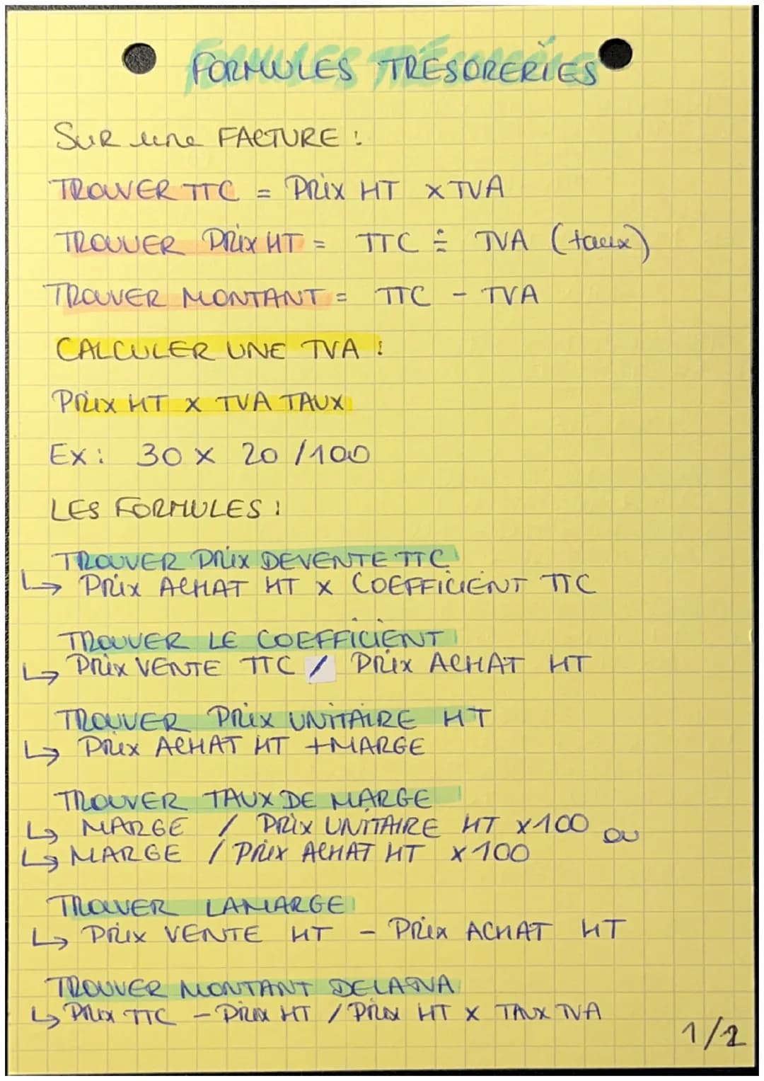 • FORMULES TRESORERIES
SUR line FACTURE !
TROWER TTC = PRix HT XTVA
TROUVER PRIX HT = TTC = TVA (taux)
TROUVER MONTANT = TTC
TVA
CALCULER UN