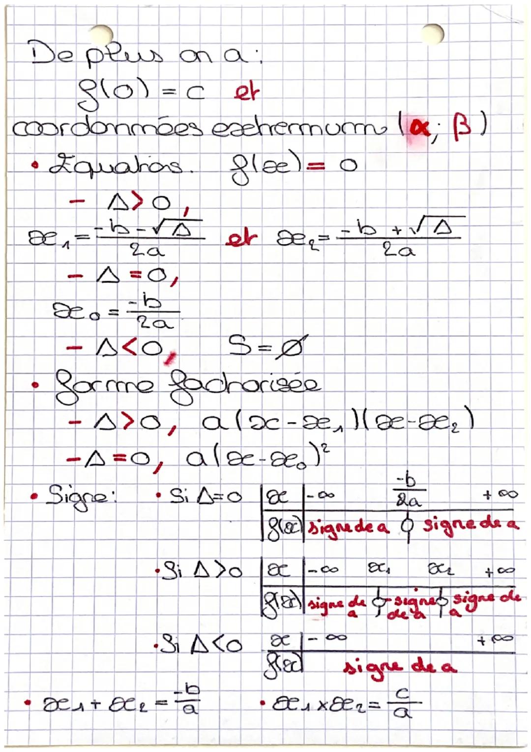 O
O
MATHÉMATIQUES
Second degre
glee) = ase² + boe +c
●
avec a, b, CER
a to
of
forme canonique :
A
avec.x==b et B=====
gloe)= a(æ-a ) ² + B
A