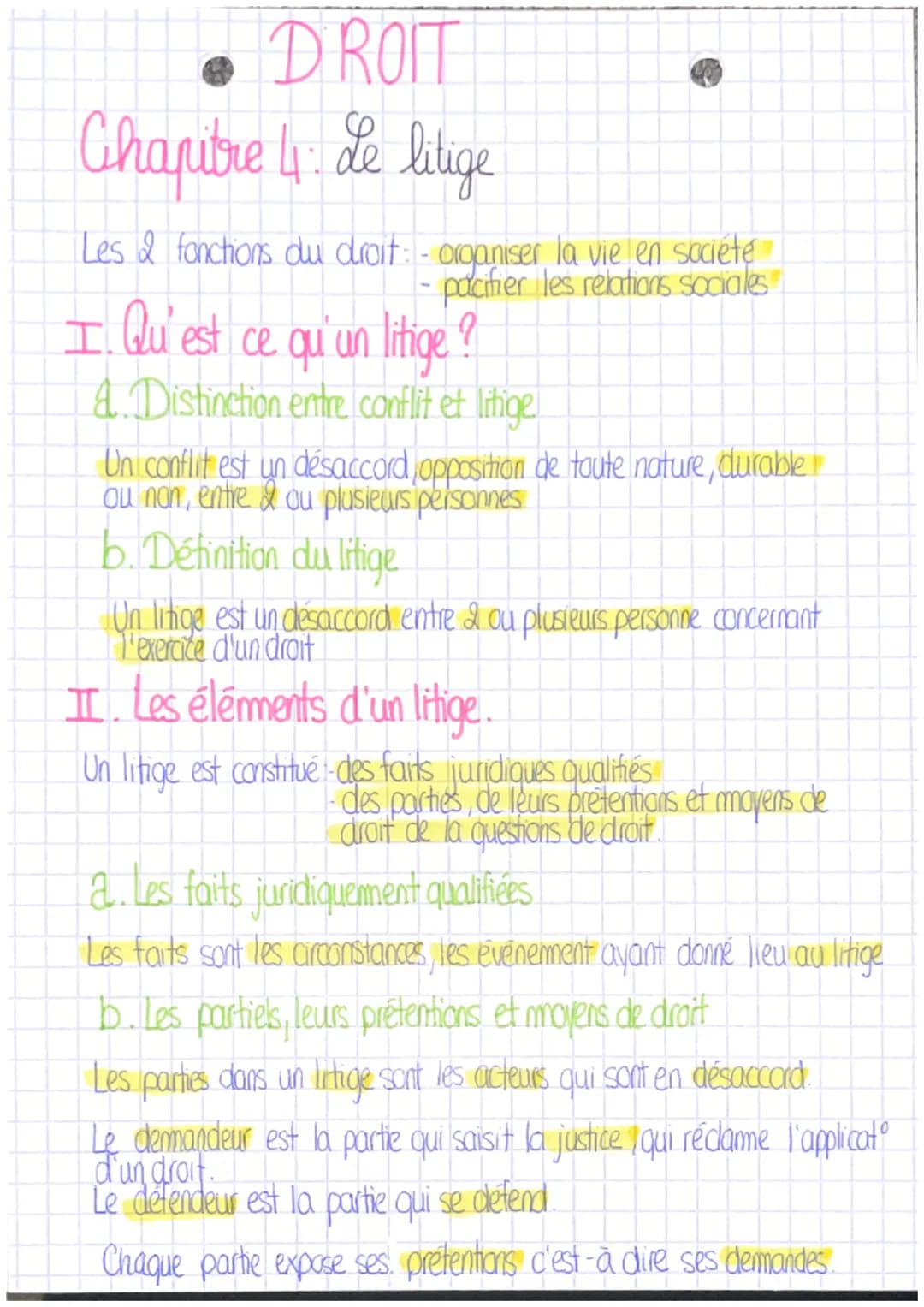 DROIT
Chapitre 4: Le litige
Les & fonctions du droit: - organiser la vie en société
pacifier les relations sociales
I. Qu'est ce qu'un litig