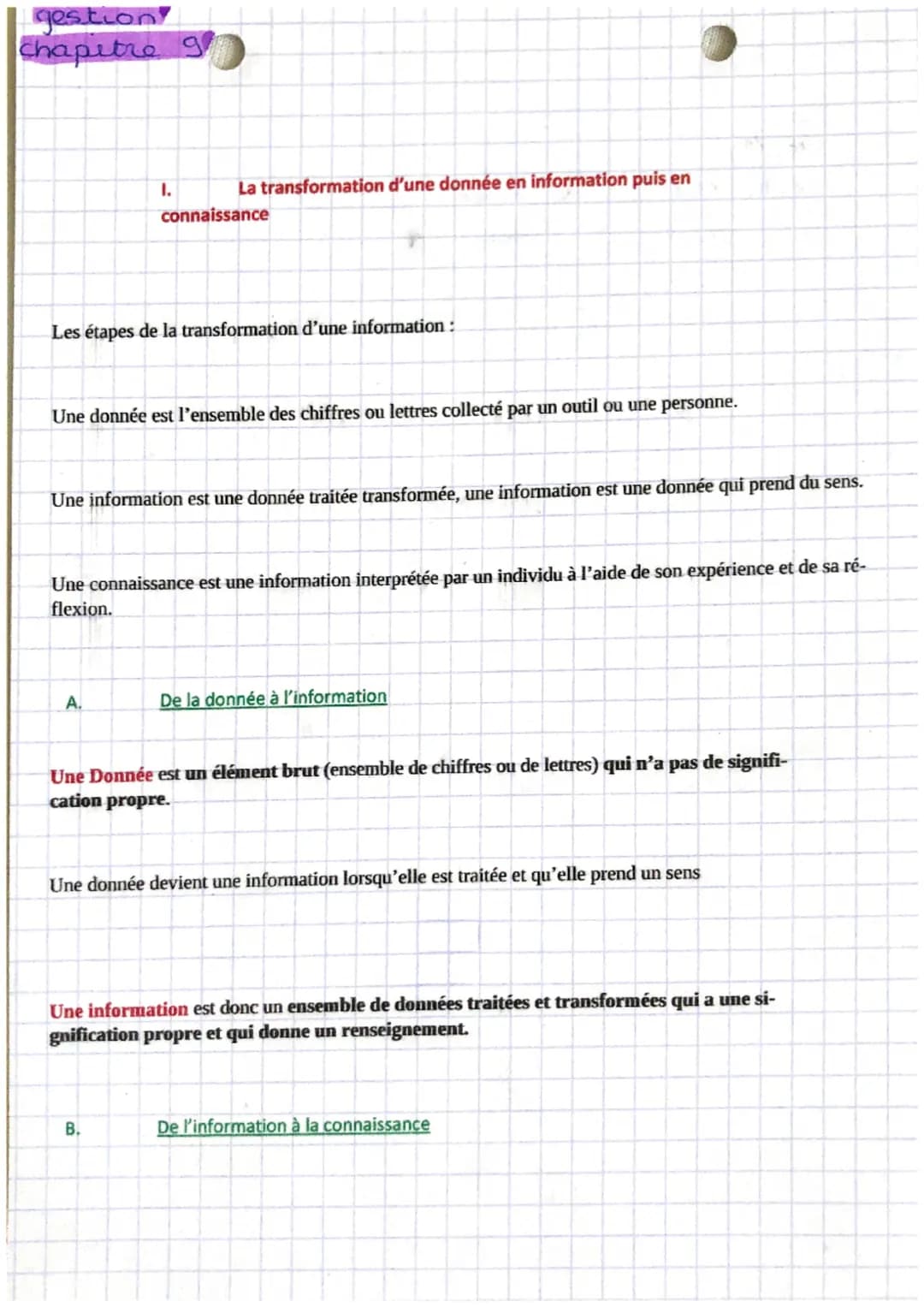 gestion!
chapitre 9
I.
La transformation d'une donnée en information puis en
Les étapes de la transformation d'une information:
connaissance