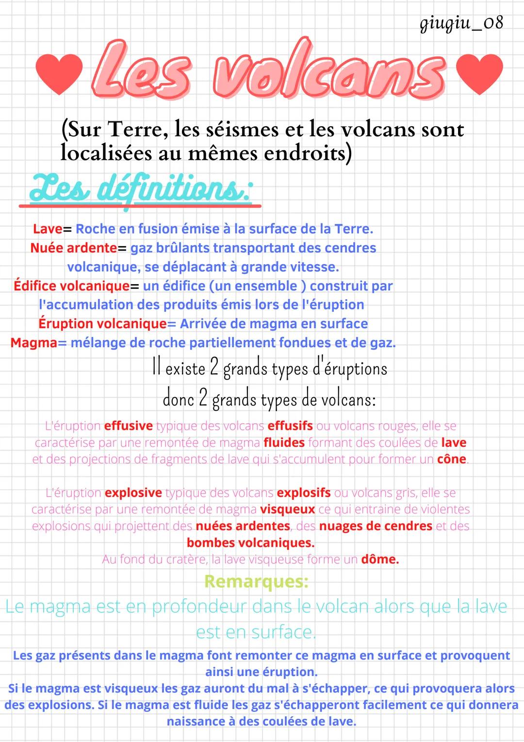 giugiu_08
Les volcans
(Sur Terre, les séismes et les volcans sont
localisées au mêmes endroits)
Les définitions:
Lave- Roche en fusion émise