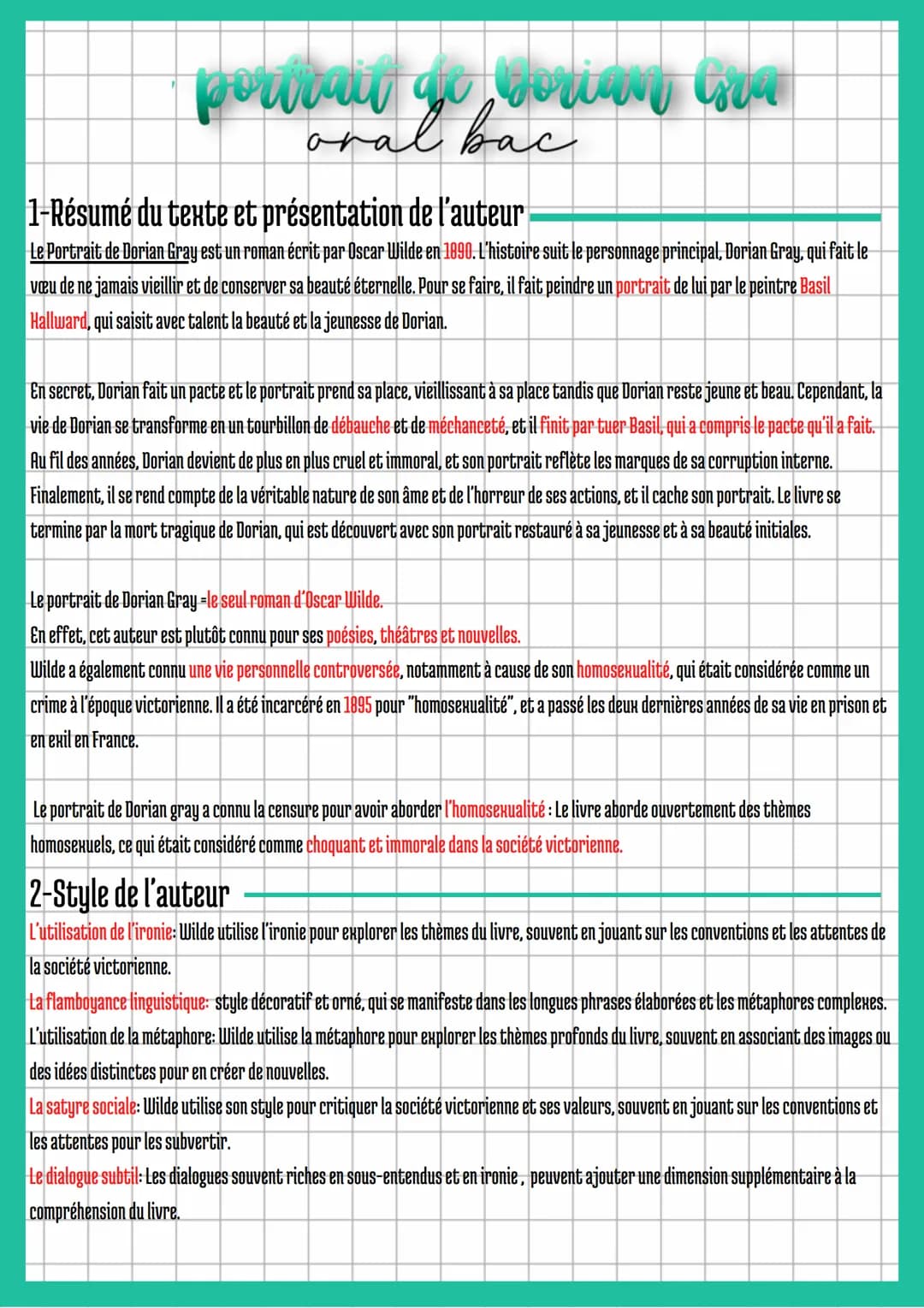 portcut ye corian Gra
oral bac
1-Résumé du texte et présentation de l'auteur
Le Portrait de Dorian Gray est un roman écrit par Oscar Wilde e