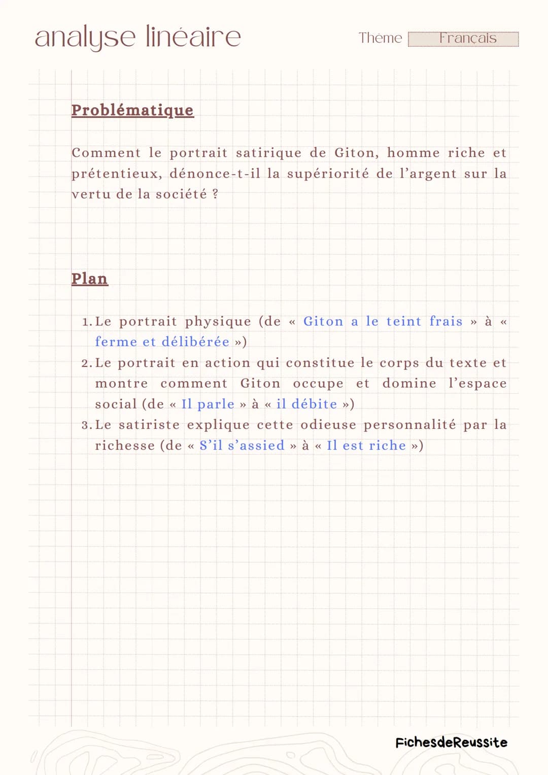 analyse linéaire
Thème
Français
Giton (IV, 83)
-
Les Caractères.
La Bruyère
Introduction
Le XVIIème siècle, siècle du classicisme, est carac