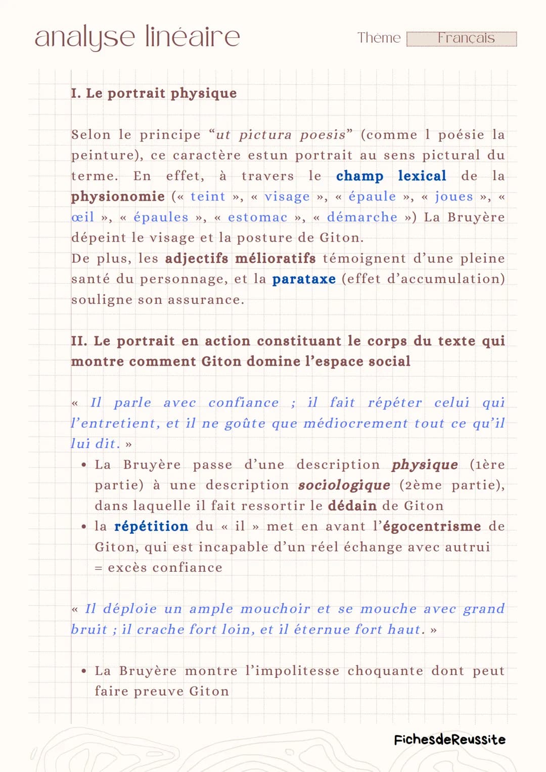 analyse linéaire
Thème
Français
Giton (IV, 83)
-
Les Caractères.
La Bruyère
Introduction
Le XVIIème siècle, siècle du classicisme, est carac