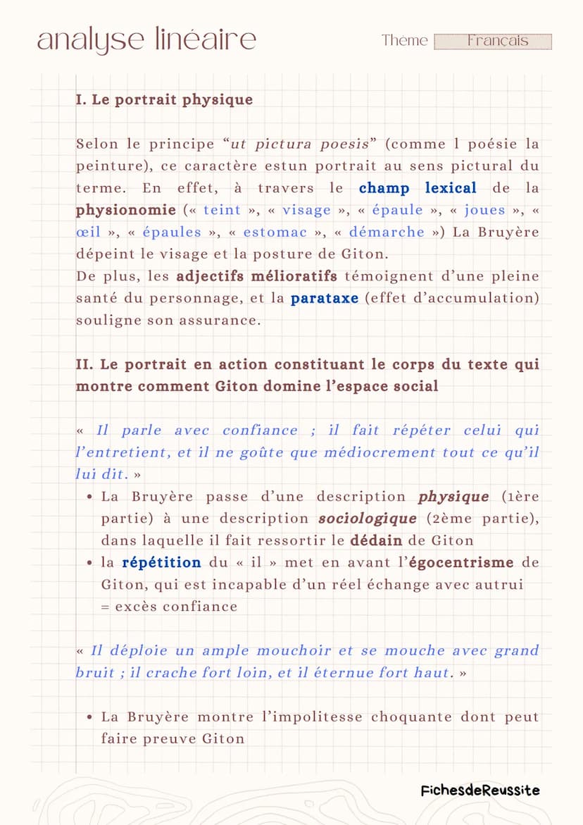 analyse linéaire
Thème
Français
Giton (IV, 83)
-
Les Caractères.
La Bruyère
Introduction
Le XVIIème siècle, siècle du classicisme, est carac