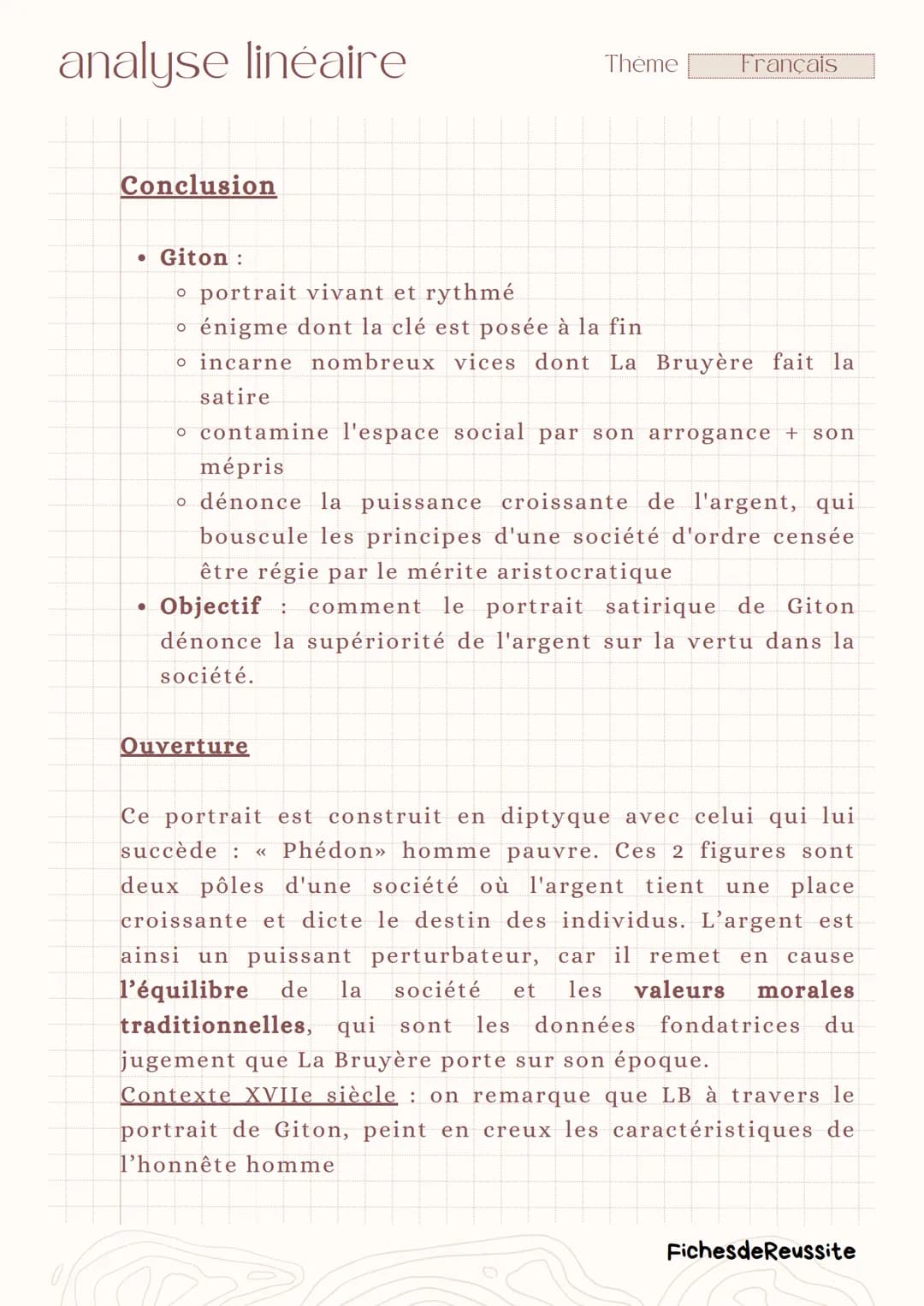 analyse linéaire
Thème
Français
Giton (IV, 83)
-
Les Caractères.
La Bruyère
Introduction
Le XVIIème siècle, siècle du classicisme, est carac