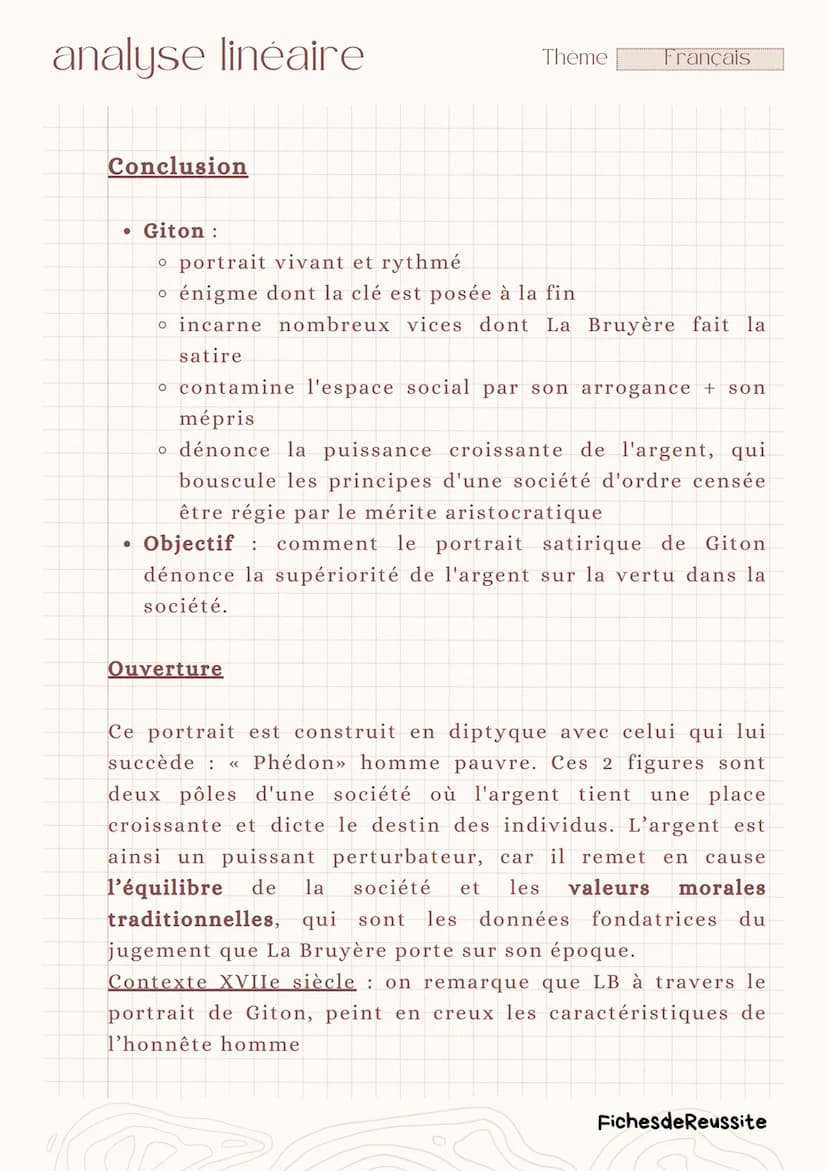 analyse linéaire
Thème
Français
Giton (IV, 83)
-
Les Caractères.
La Bruyère
Introduction
Le XVIIème siècle, siècle du classicisme, est carac