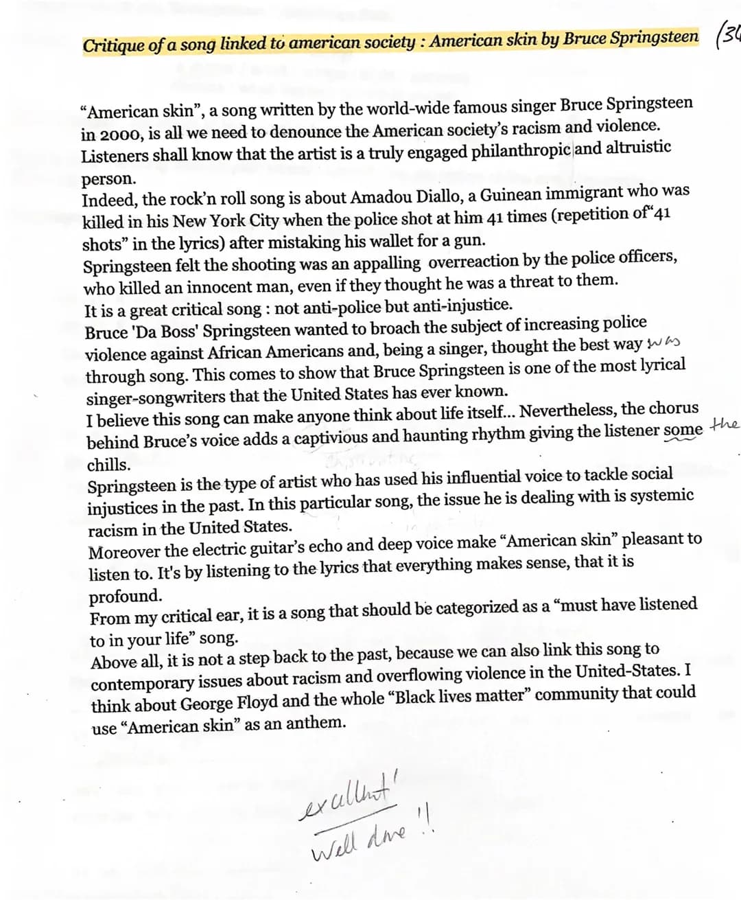 Critique of a song linked to american society : American skin by Bruce Springsteen (36
"American skin", a song written by the world-wide fam