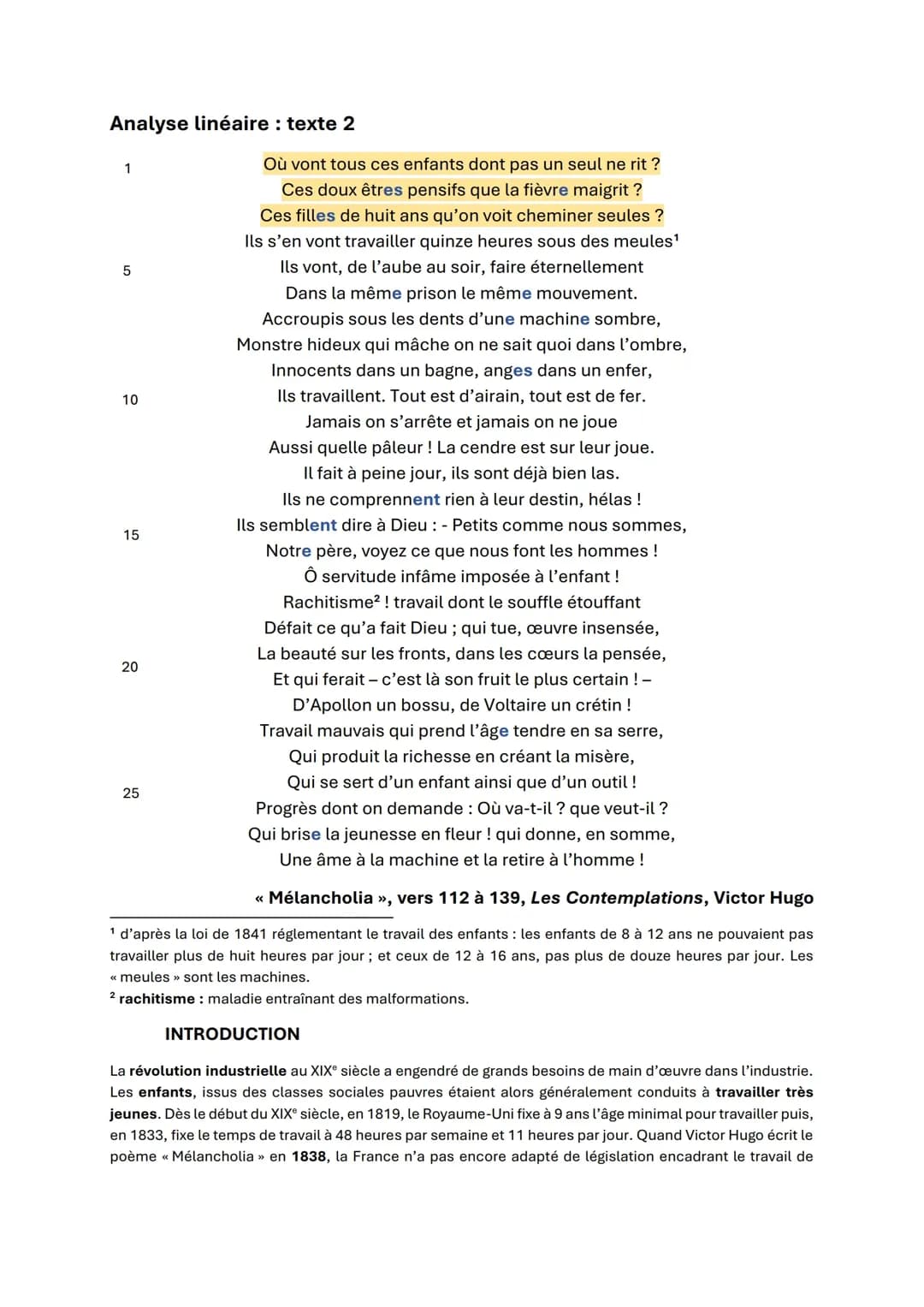 Analyse linéaire mélancholia Victor Hugo