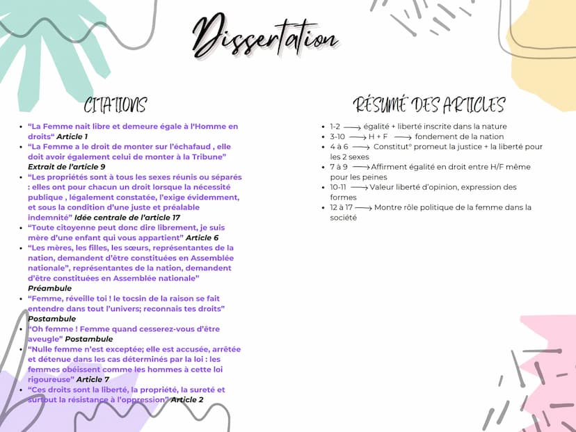 THEME
•
Egalité
Justice
⚫ Liberté Politiques (Femmes)
•
Révolution
Mariage
Dissertation
•
.
•
COMPOSIT
Préambule
Déclaration: 17 articles de