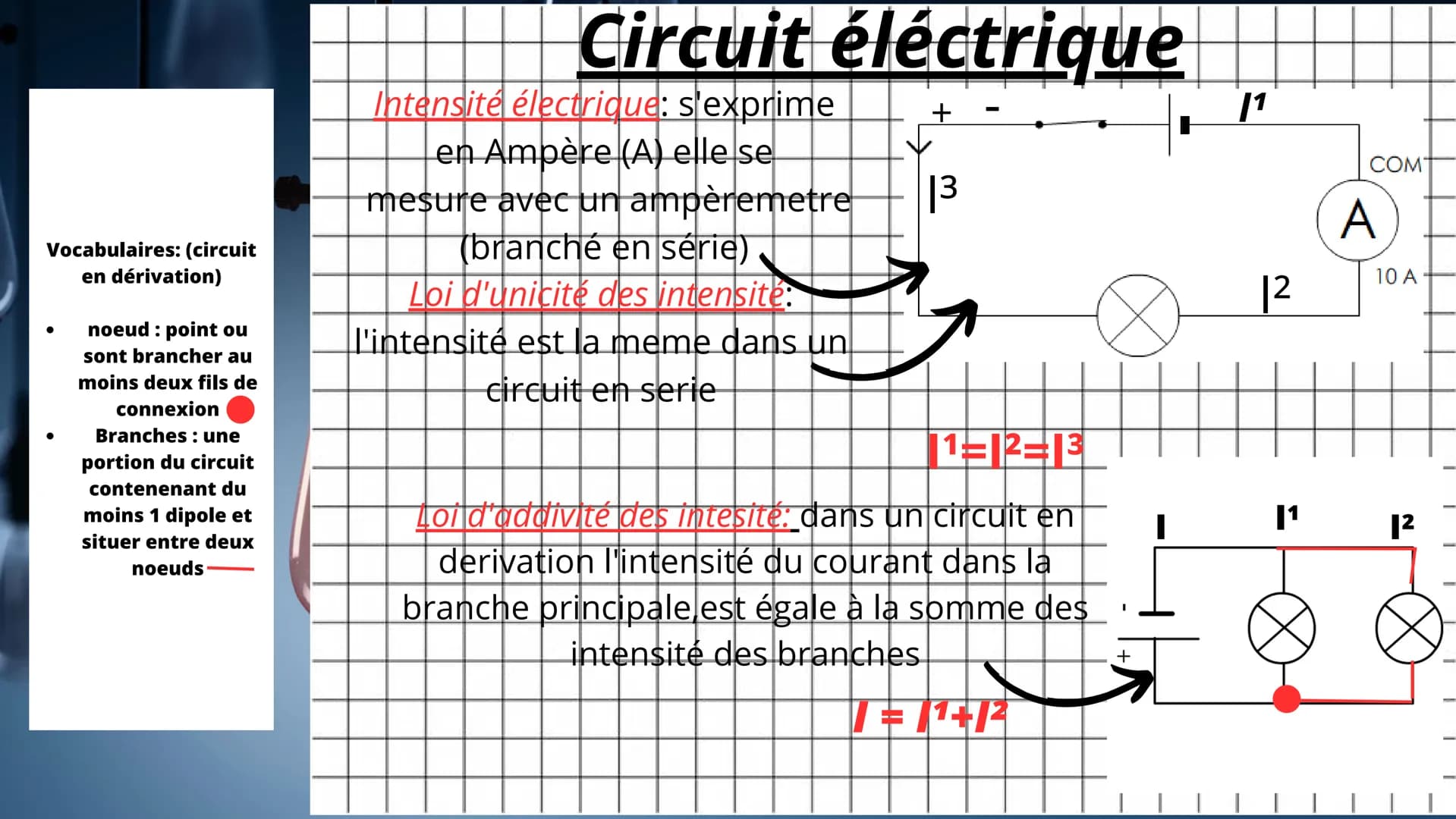Vocabulaires: (circuit
en dérivation)
●
noeud : point ou
sont brancher au
moins deux fils de
connexion
Branches : une
portion du circuit
con