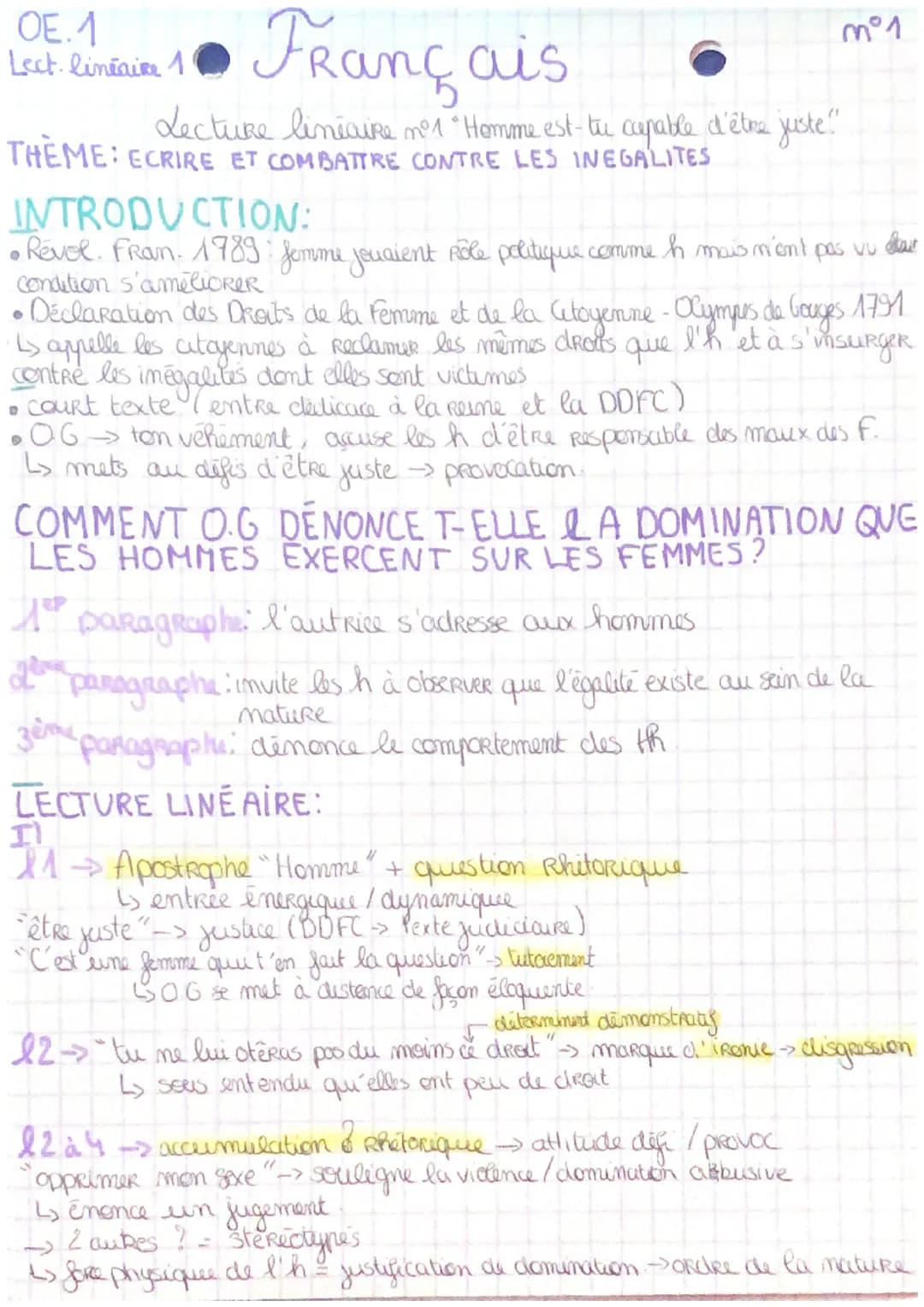 OE.1
Lock Rinduer 1. Français
Lect. lineaire
Lecture lineaire n°1 "Homme est-tu capable d'être juste."
THEME: ECRIRE ET COMBATTRE CONTRE LES