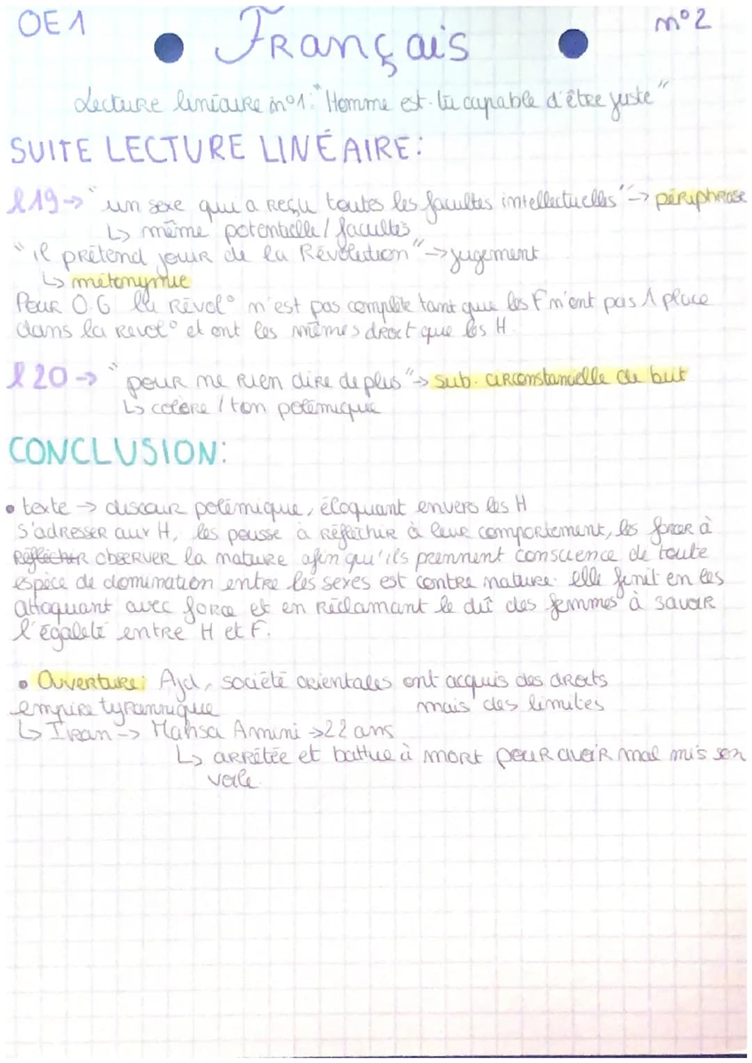 OE.1
Lock Rinduer 1. Français
Lect. lineaire
Lecture lineaire n°1 "Homme est-tu capable d'être juste."
THEME: ECRIRE ET COMBATTRE CONTRE LES