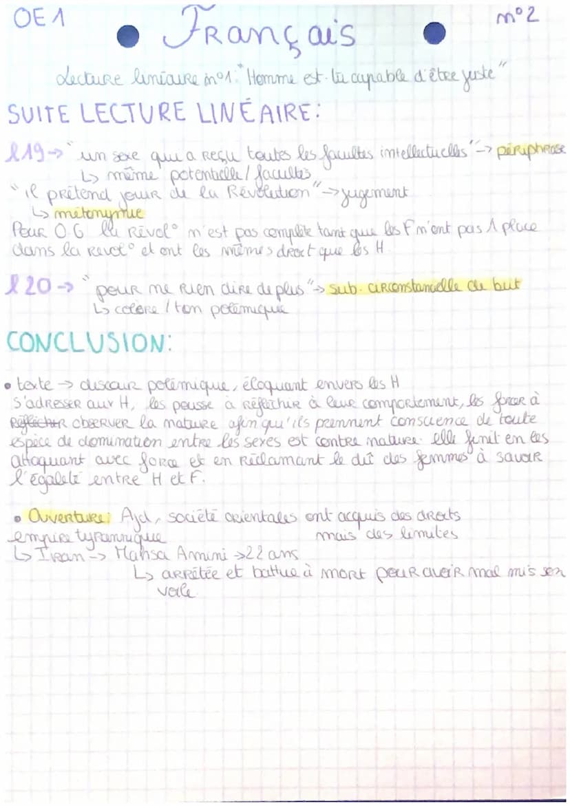 OE.1
Lock Rinduer 1. Français
Lect. lineaire
Lecture lineaire n°1 "Homme est-tu capable d'être juste."
THEME: ECRIRE ET COMBATTRE CONTRE LES
