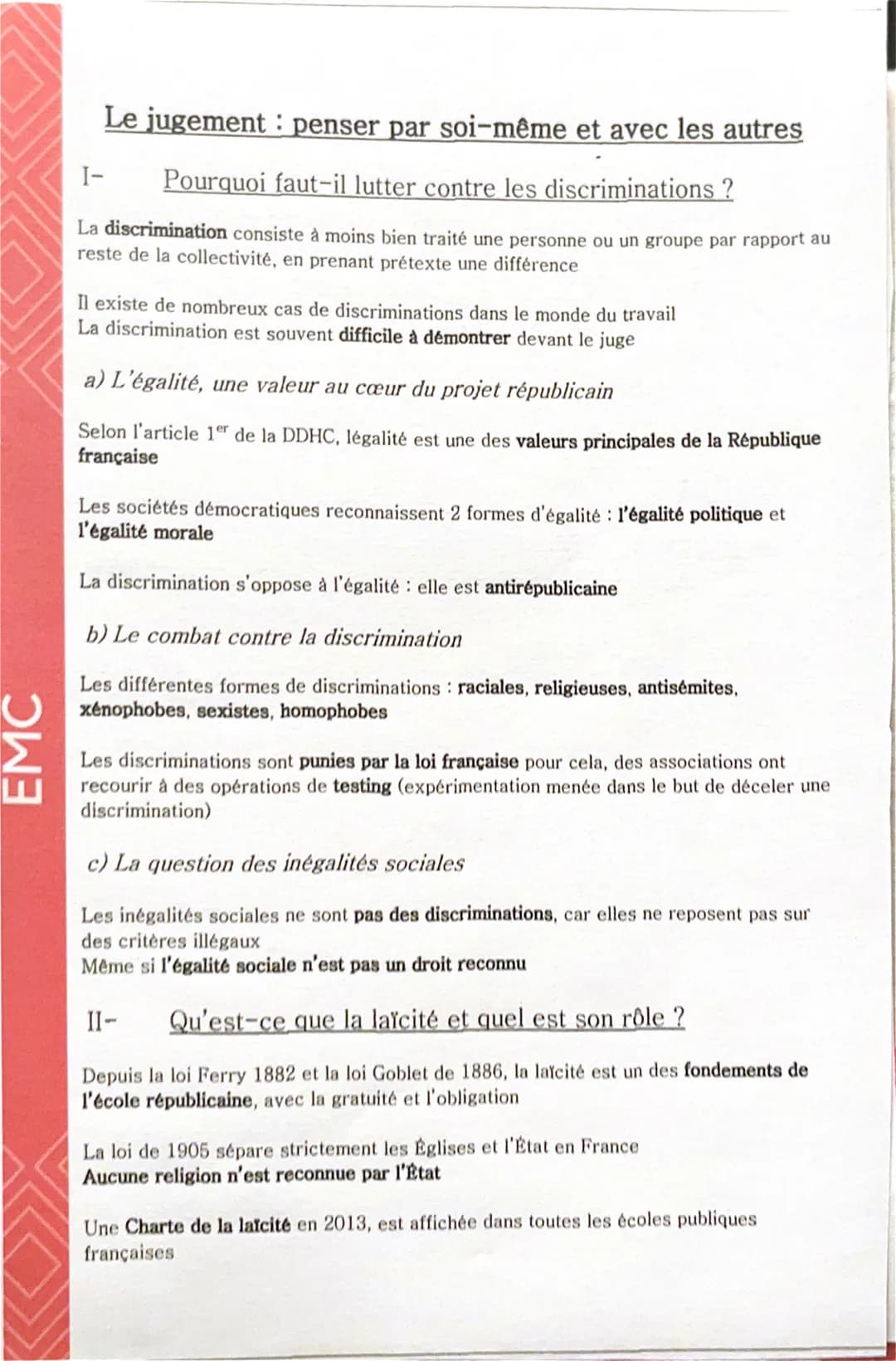 EMC
Le jugement penser par soi-même et avec les autres
I-
Pourquoi faut-il lutter contre les discriminations ?
La discrimination consiste à 