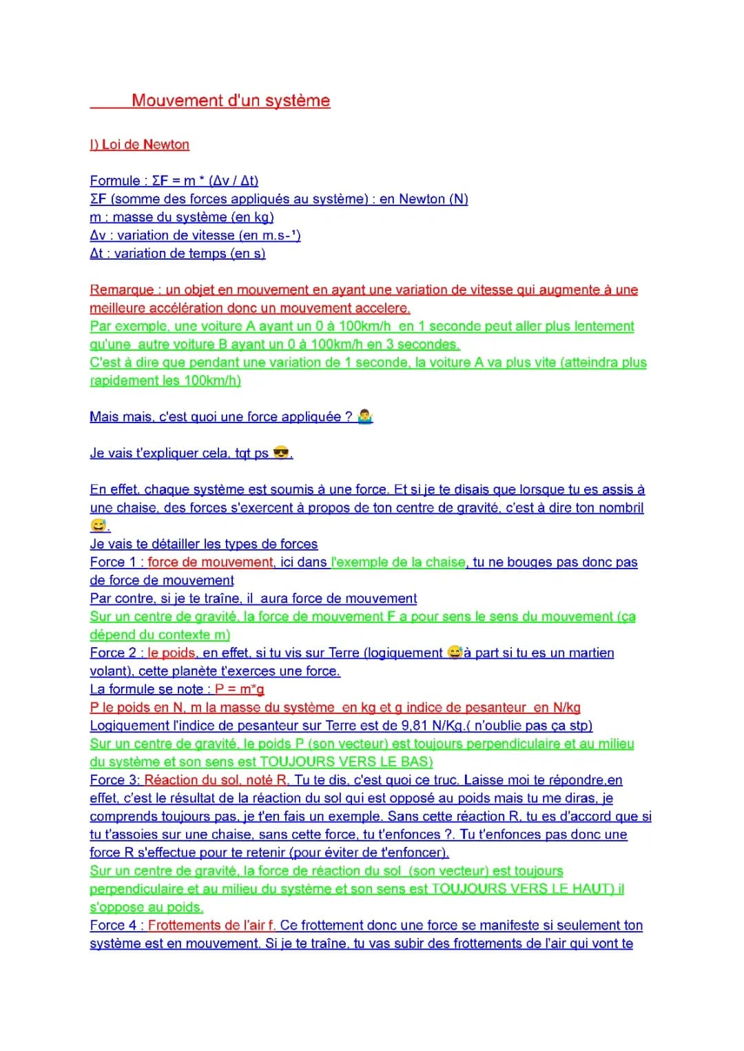 Mouvement d'un système (leçon + corrigé exo difficile pour mieux comprendre)