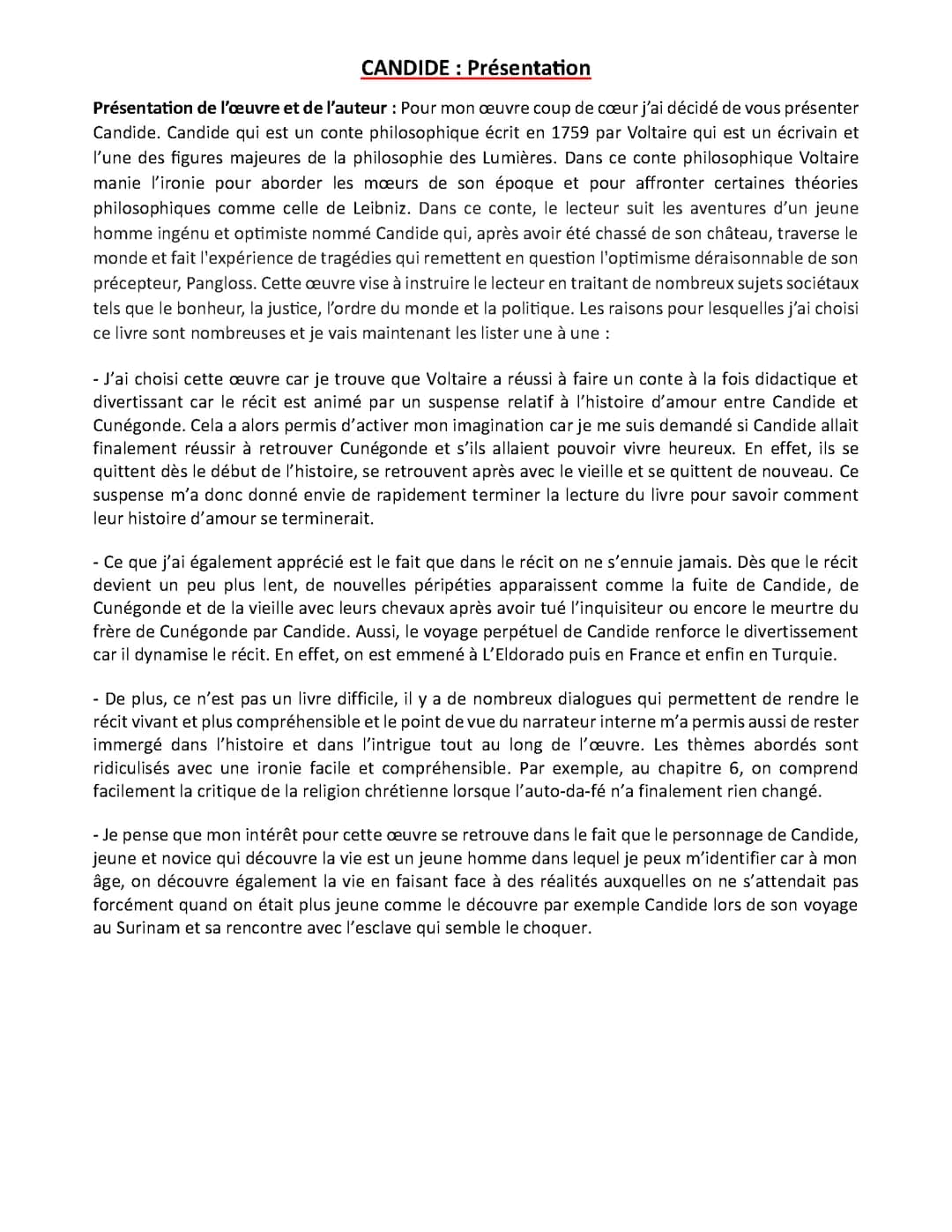 Présentation de l'œuvre coup de cœur, CANDIDE  