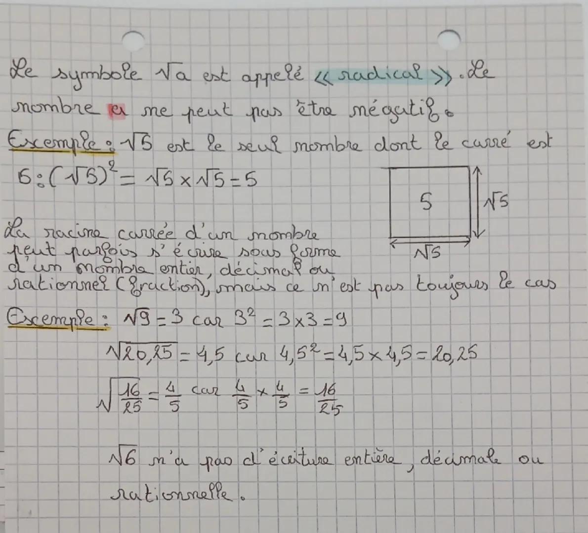 # Le symbole $\sqrt{a}$ est appelé <<radical>>. Le nombre $\sqrt{a}$ ne peut pas être négatif.
Exemple : $\sqrt{5}$ est le seul nombre dont 