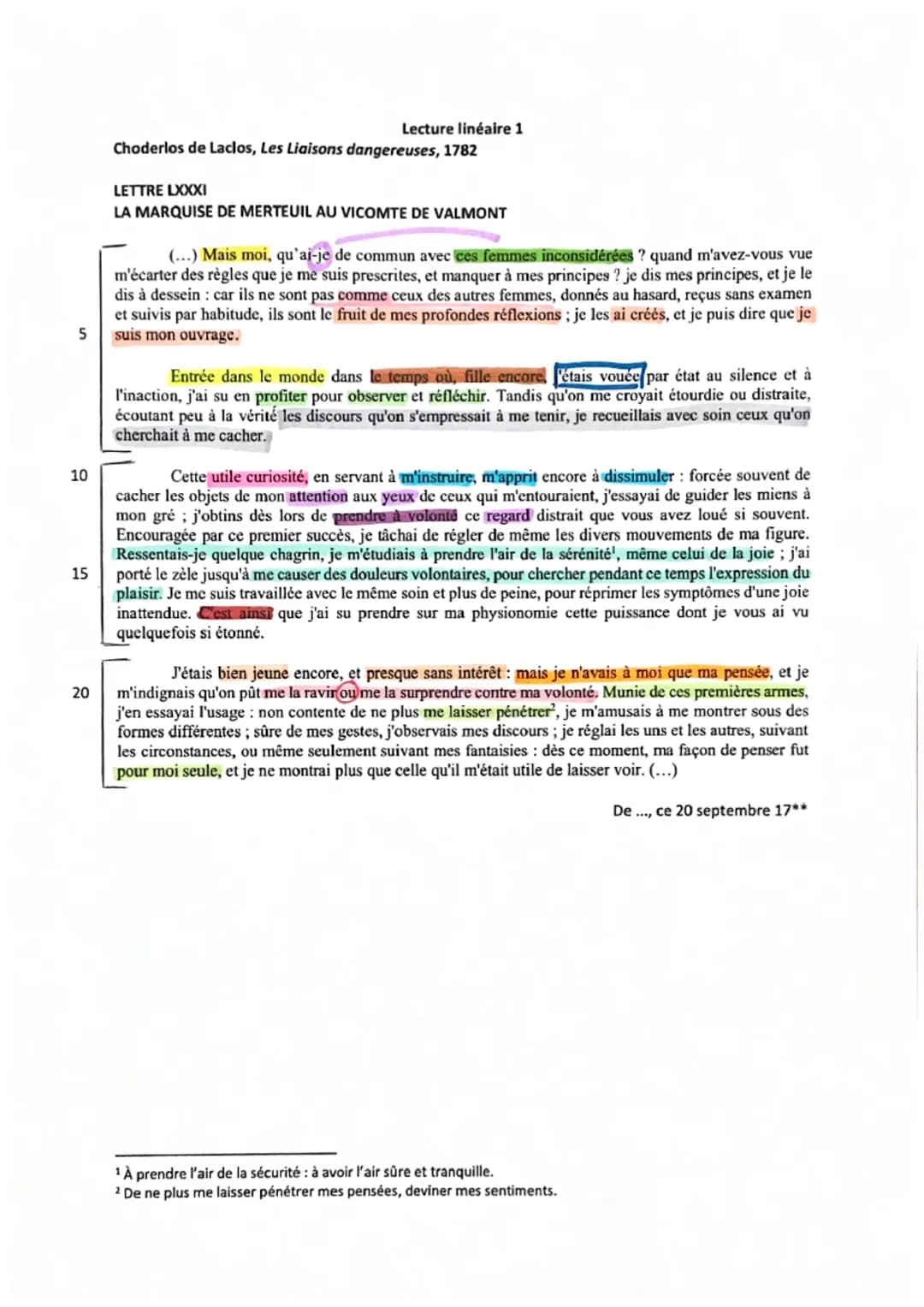 TEXTE A
Les Liaisons Dangereuses, Laclos
"Lettre 81"
Mlan
L'autoportrait d'une
Comment l'auteurs, un homme,
femme qui se veut libre (1-3) (m