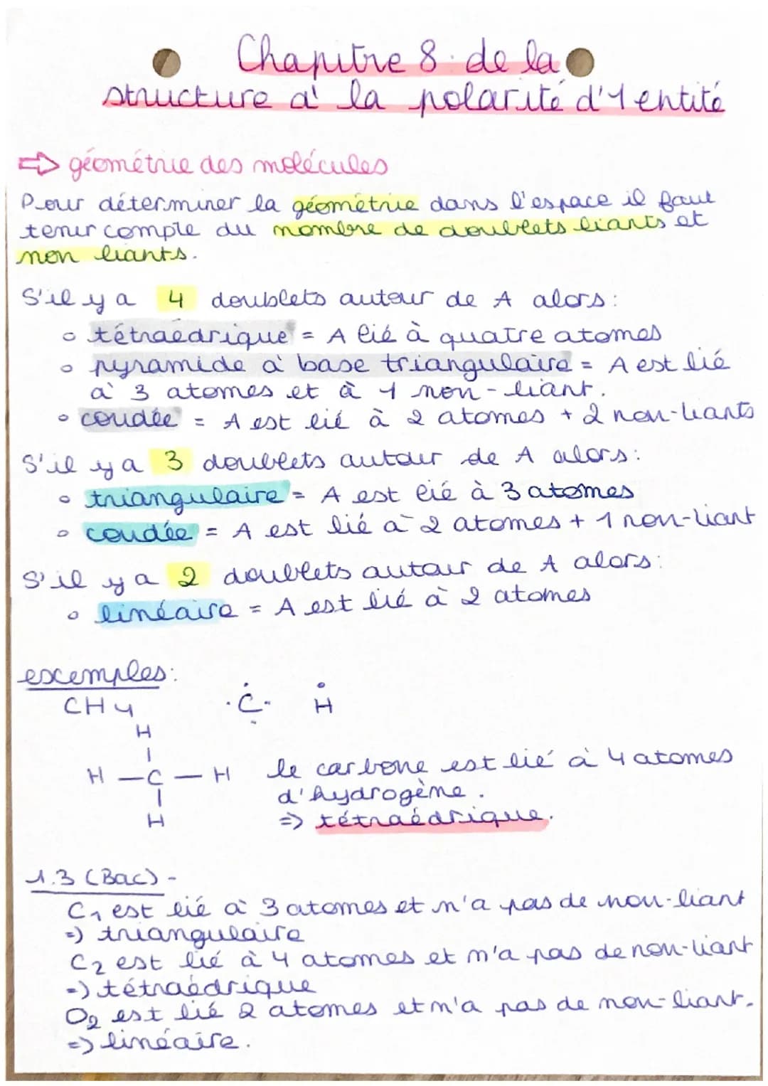 Chapitre 8 de la ●
structure à la polarité d'l entité
géométrie des molécules
Pour déterminer la géométrie dans l'espace il faut
tenir compl