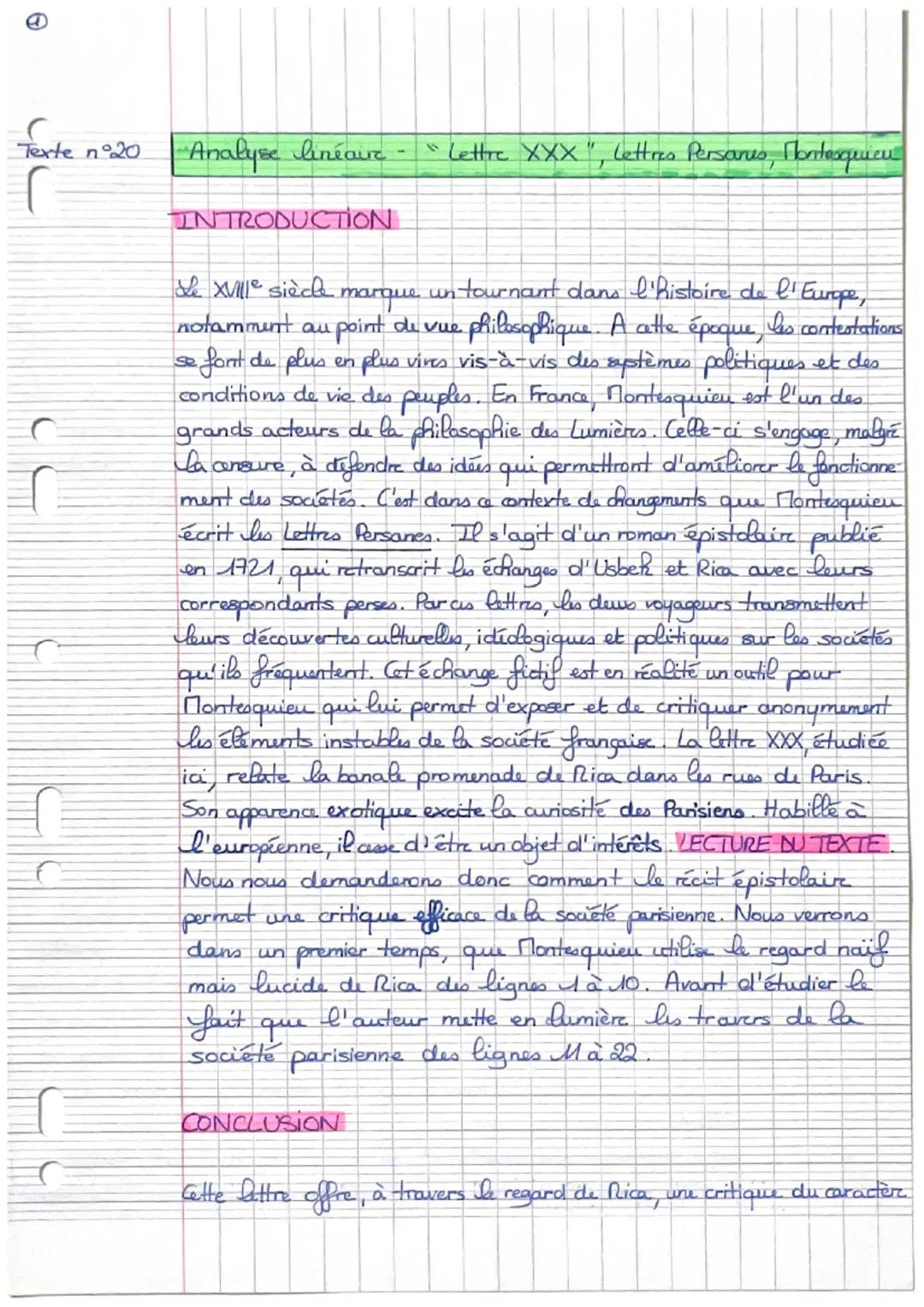 # @

# Texte n°20 Analyse linéaire - "Lettre XXX", Lettres Persanes, Montesquieu

## INTRODUCTION

Le XVIIIe siècle marque un tournant dans 