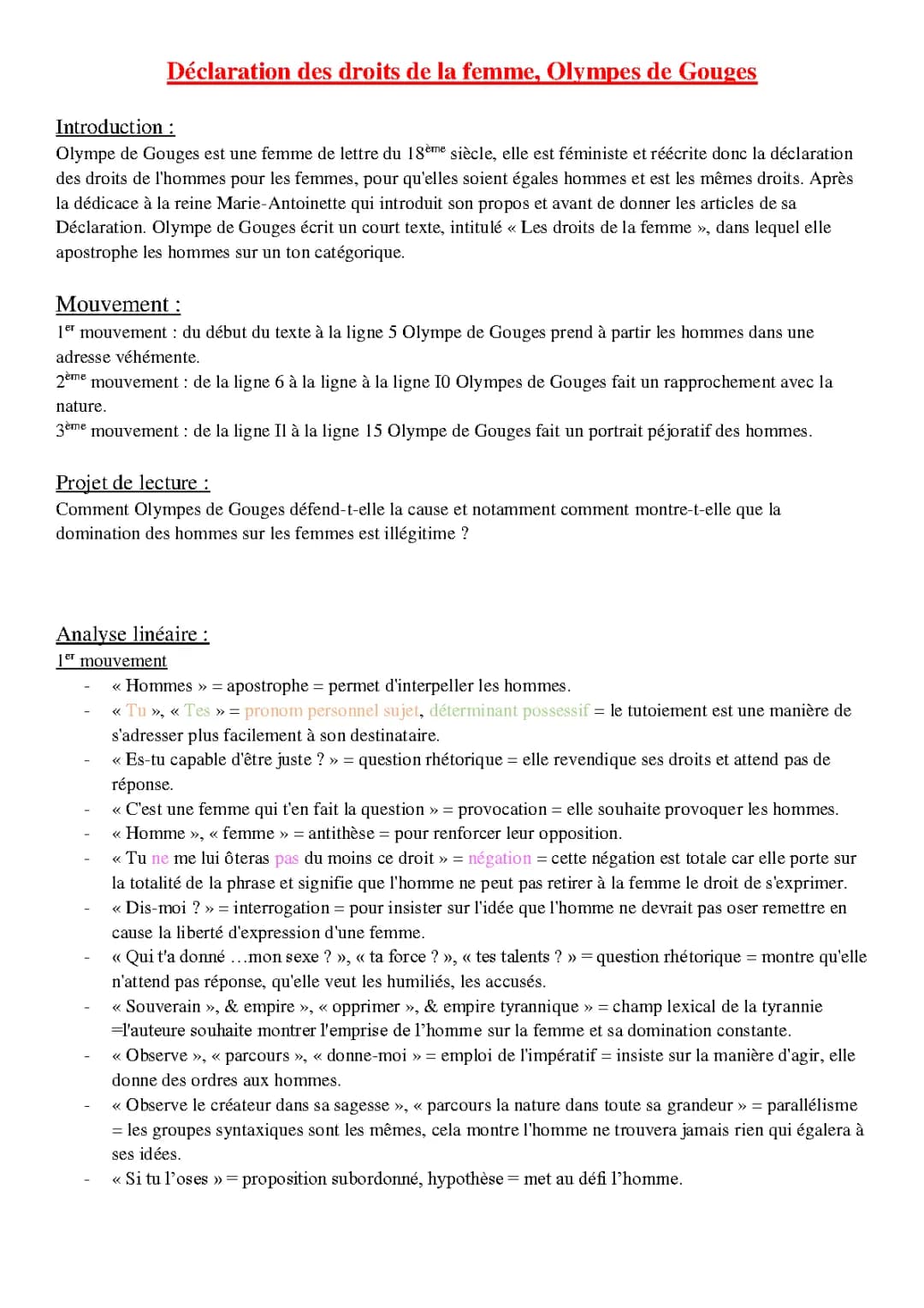 Analyse linéaire Déclaration des Droits de la Femme et de la Citoyenne Olympe de Gouges PDF