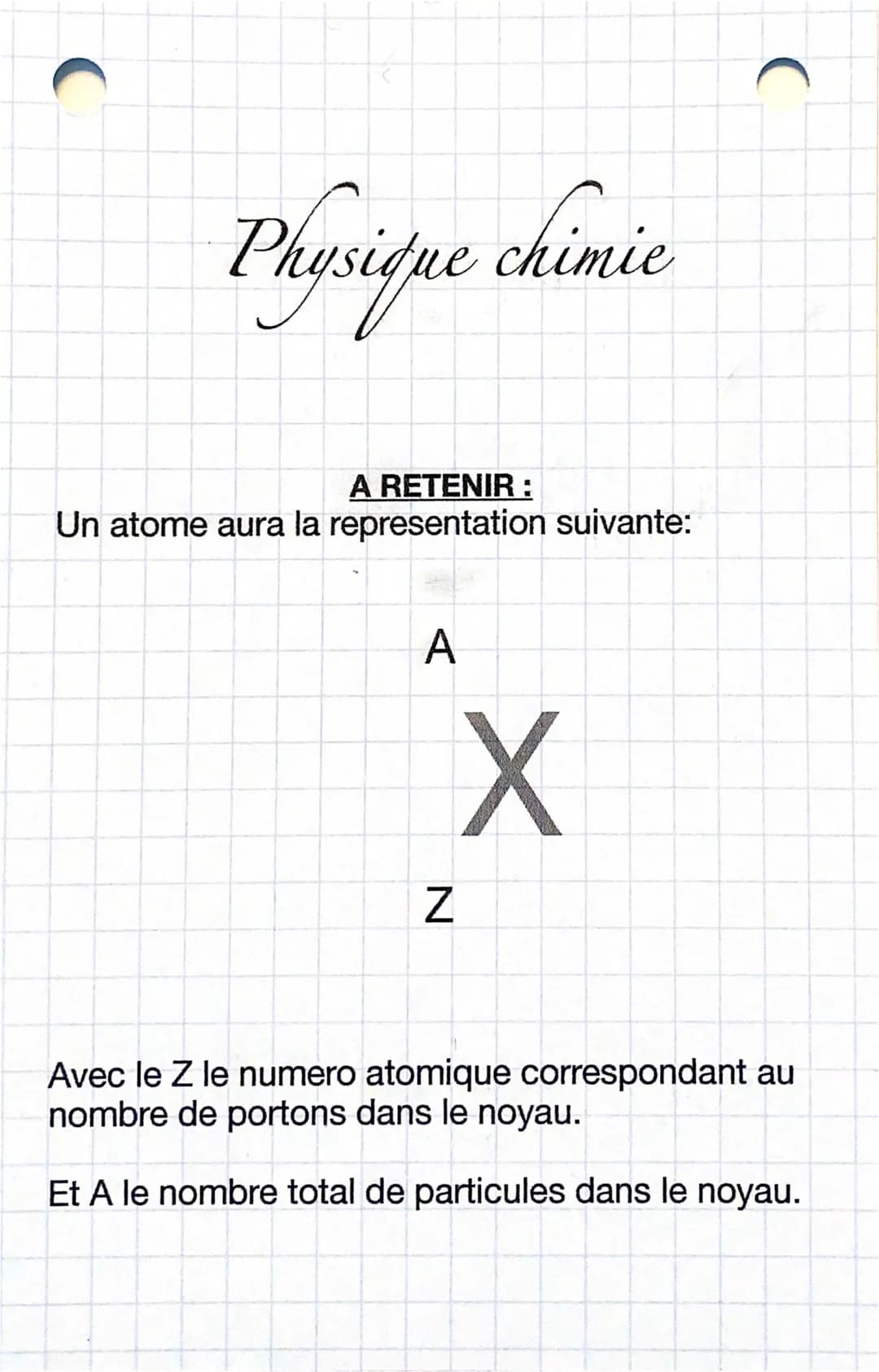 C
Physique chimic
A RETENIR :
Un atome aura la representation suivante:
A
X
N
C
Avec le Z le numero atomique correspondant au
nombre de port
