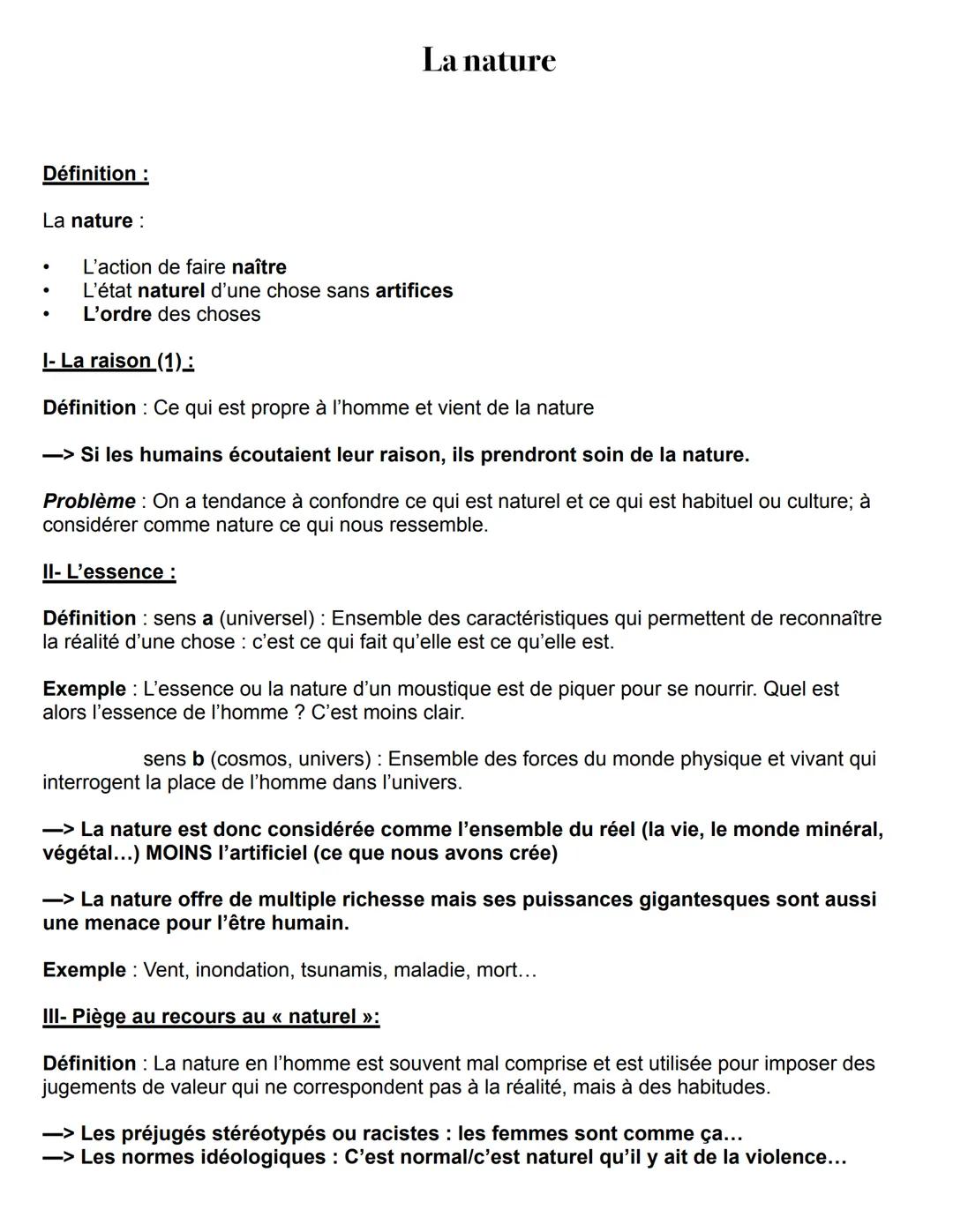 # La nature

Définition:

La nature:

*   L'action de faire naître
*   L'état naturel d'une chose sans artifices
*   L'ordre des choses

I- 